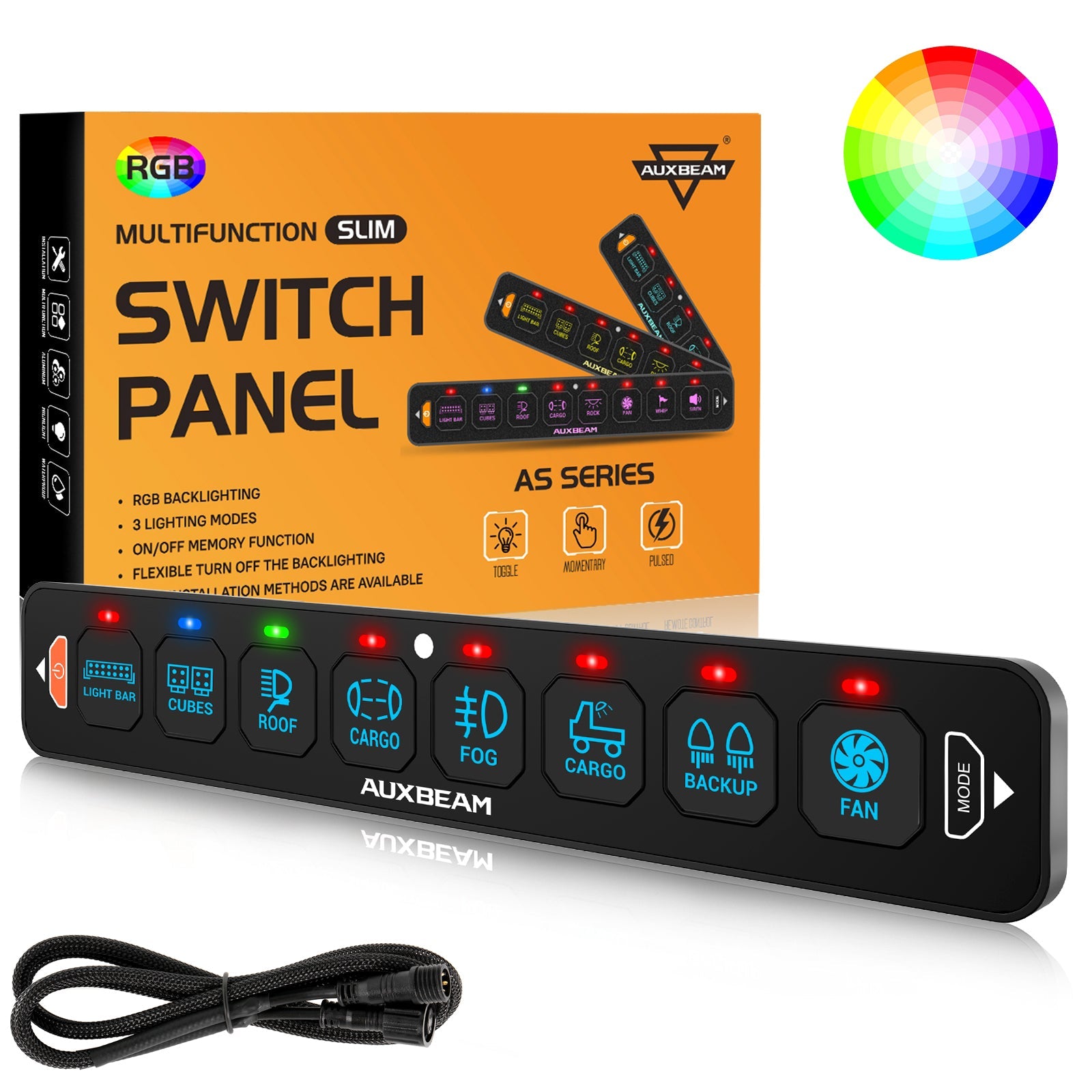 AS Series 8 Gang (AS-R80) RGB Slim Switch Panel, Toggle/ Momentary/ Pulsed Mode Supported(One-Sided Outlet)