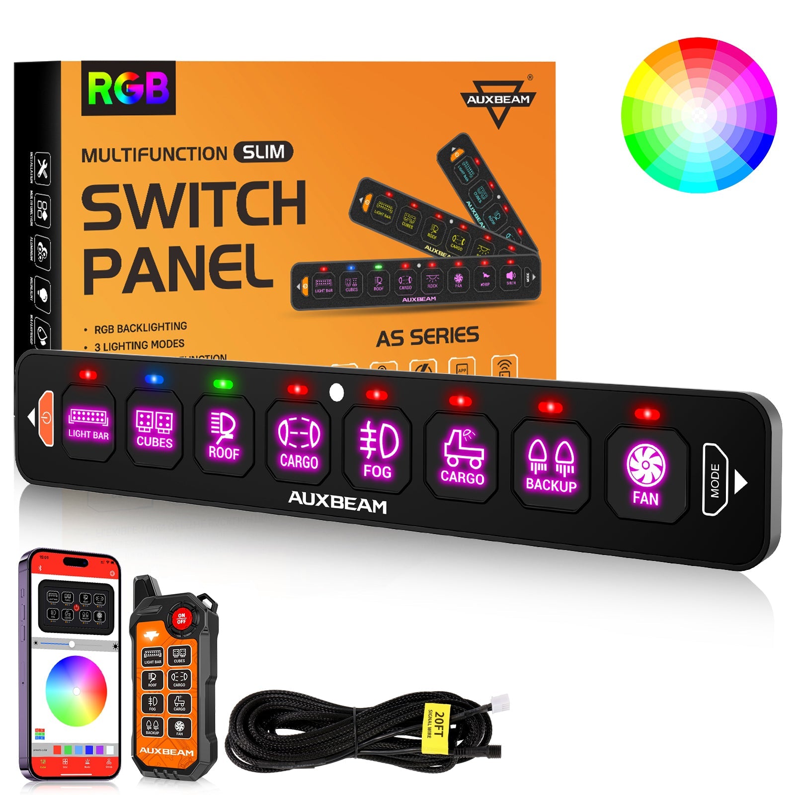 AS Series 4/6/8 Gang RGB Slim Switch Panel with APP&Remote Control, Toggle/ Momentary/ Pulsed Mode Supported(One-Sided Outlet)