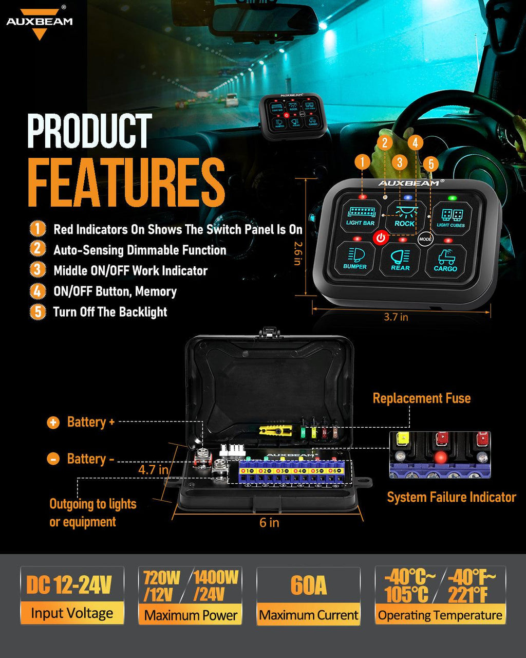 RGB Series 6 Gang (RA60) Switch Panel, Toggle/ Momentary/ Pulsed Mode Supported (One-Sided Outlet)