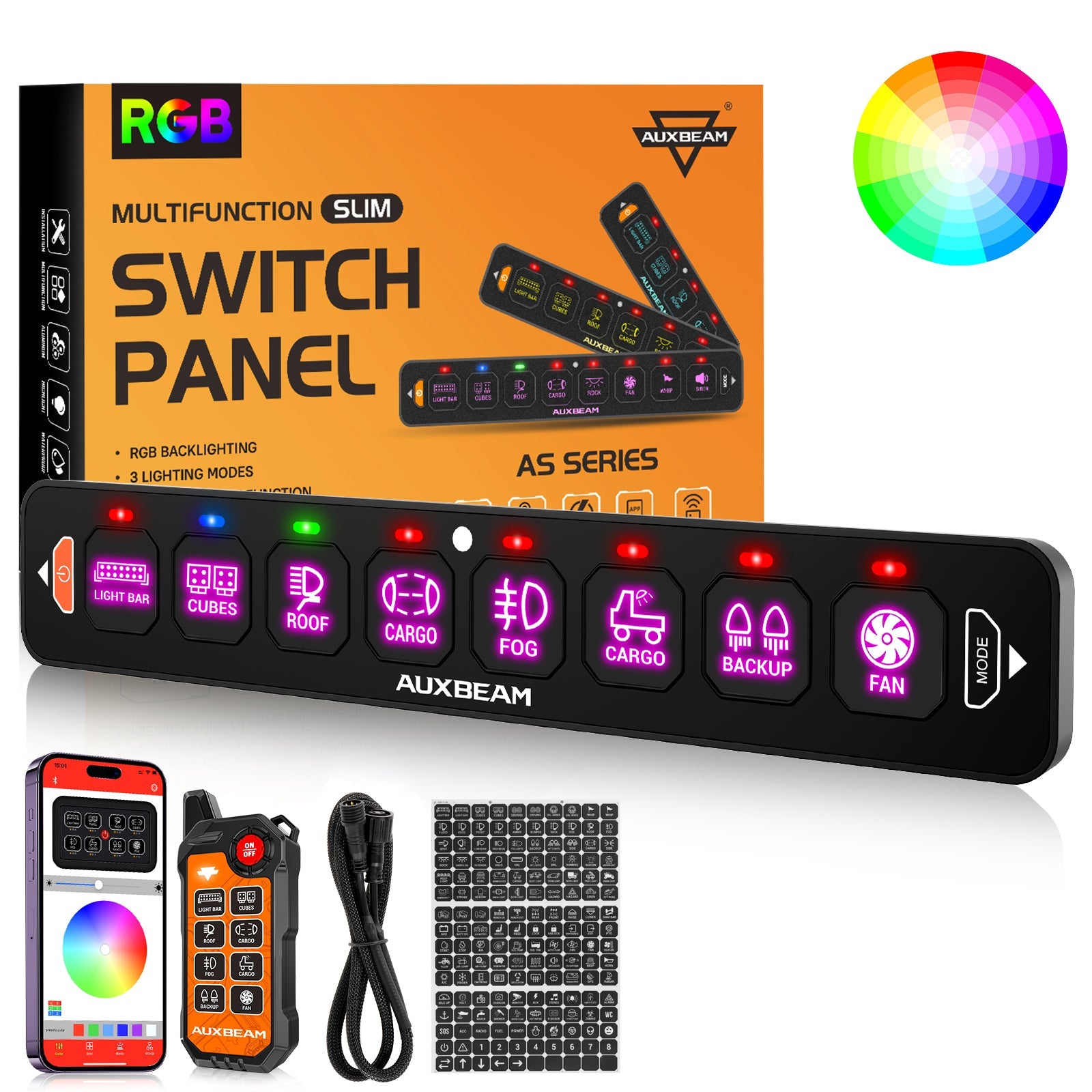 AS Series 4/6/8 Gang RGB Slim Switch Panel with APP&Remote Control, Toggle/ Momentary/ Pulsed Mode Supported(One-Sided Outlet)