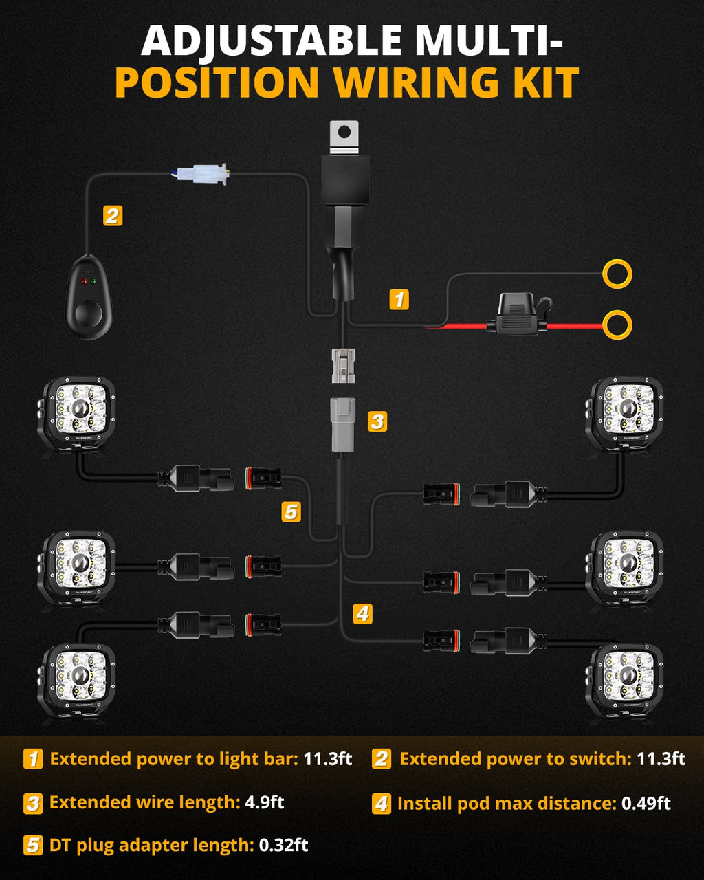 6-LED Pod Light Power Wiring Harness Kit with 2 PIN DT Plug