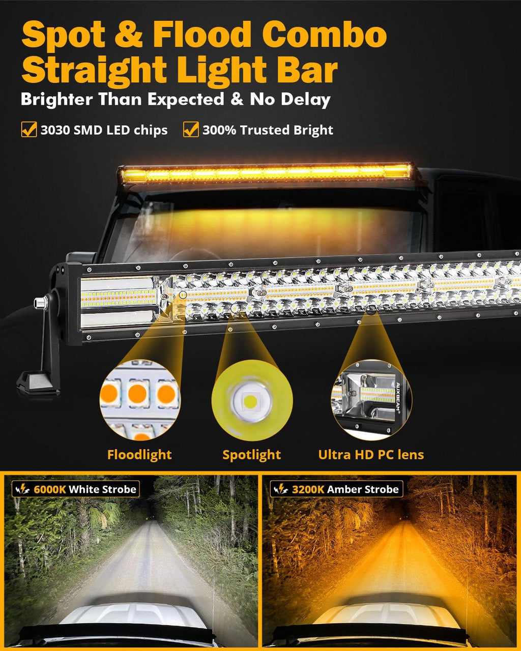 50 Inch 6 Modes White&Amber Straight Off Road Led Light Bar