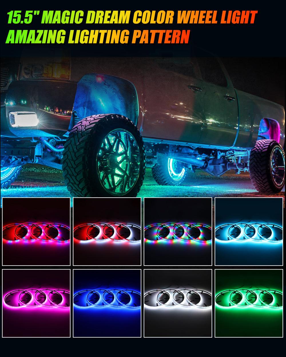 (4pcs/set) 15.5" RGB LED Wheel Ring Lights Magic Dream Color Neon Rim Light with APP & RF Remote Control