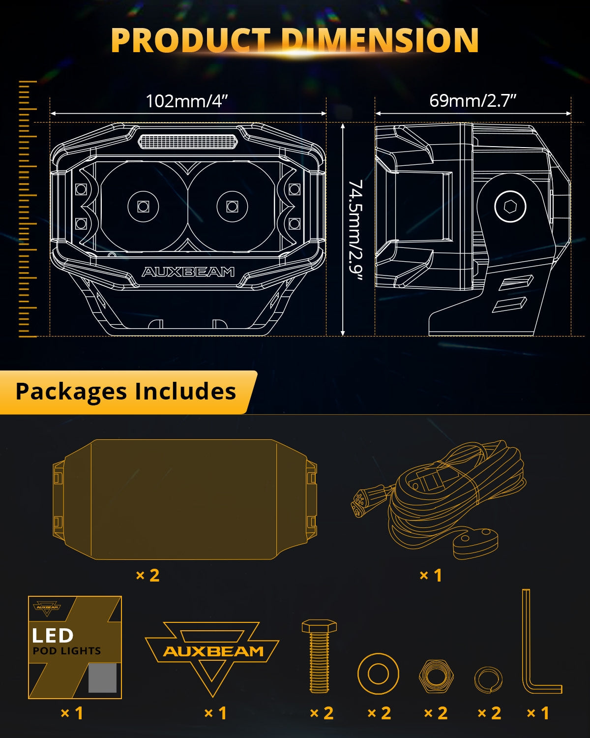 V-MAX Series | 4 Inch 72W 6960LM Spot Beam Side Shooter LED Rectangular Pod Lights with Amber DRL