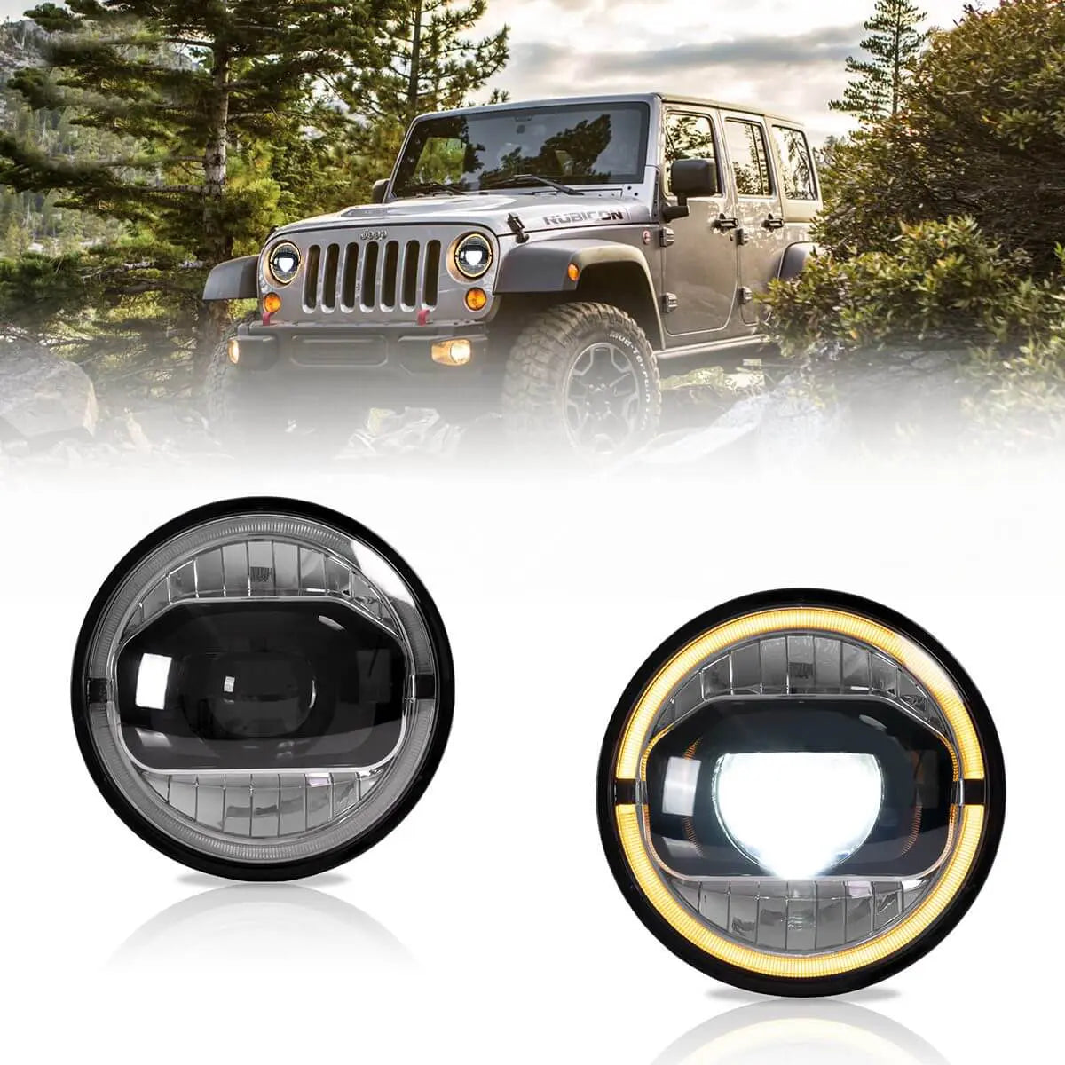 LED Headlight Assembly With Amber Turn Signal For 2007-2017 Jeep Wrangler JK 7 Inches LED Dual Beam Projector