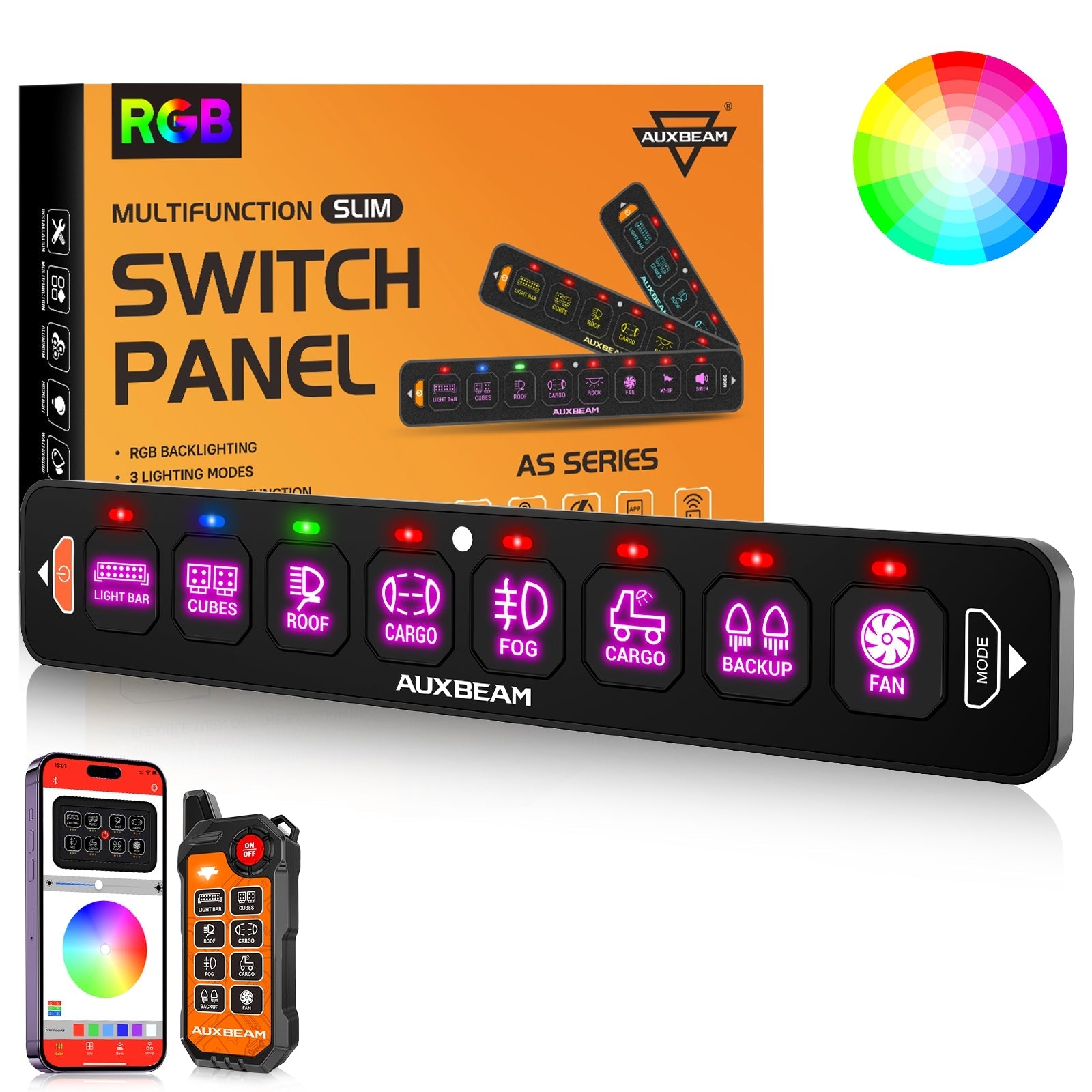 AS Series 4/6/8 Gang RGB Slim Switch Panel with APP&Remote Control, Toggle/ Momentary/ Pulsed Mode Supported(One-Sided Outlet)