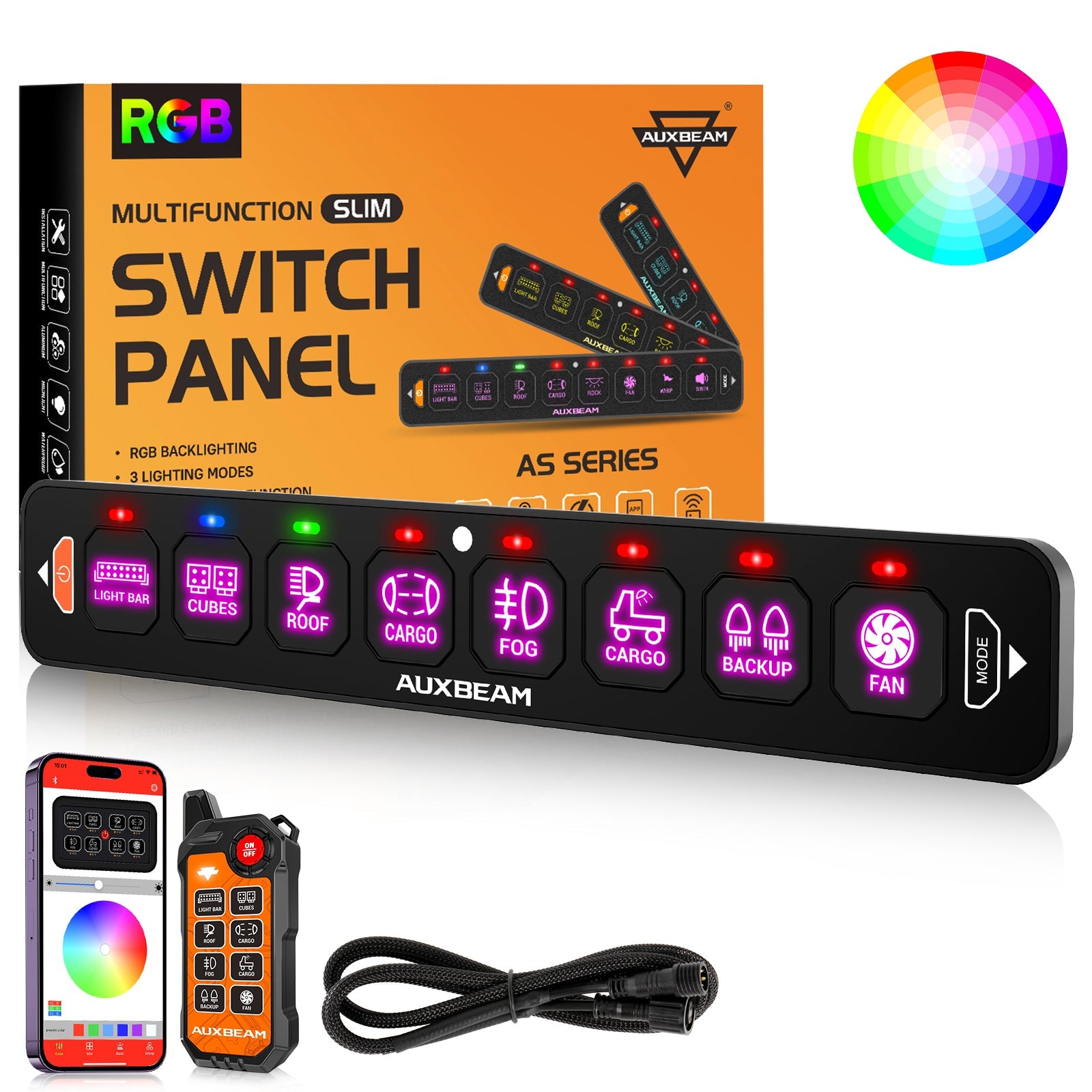 AS Series 4/6/8 Gang RGB Slim Switch Panel with APP&Remote Control, Toggle/ Momentary/ Pulsed Mode Supported(One-Sided Outlet)
