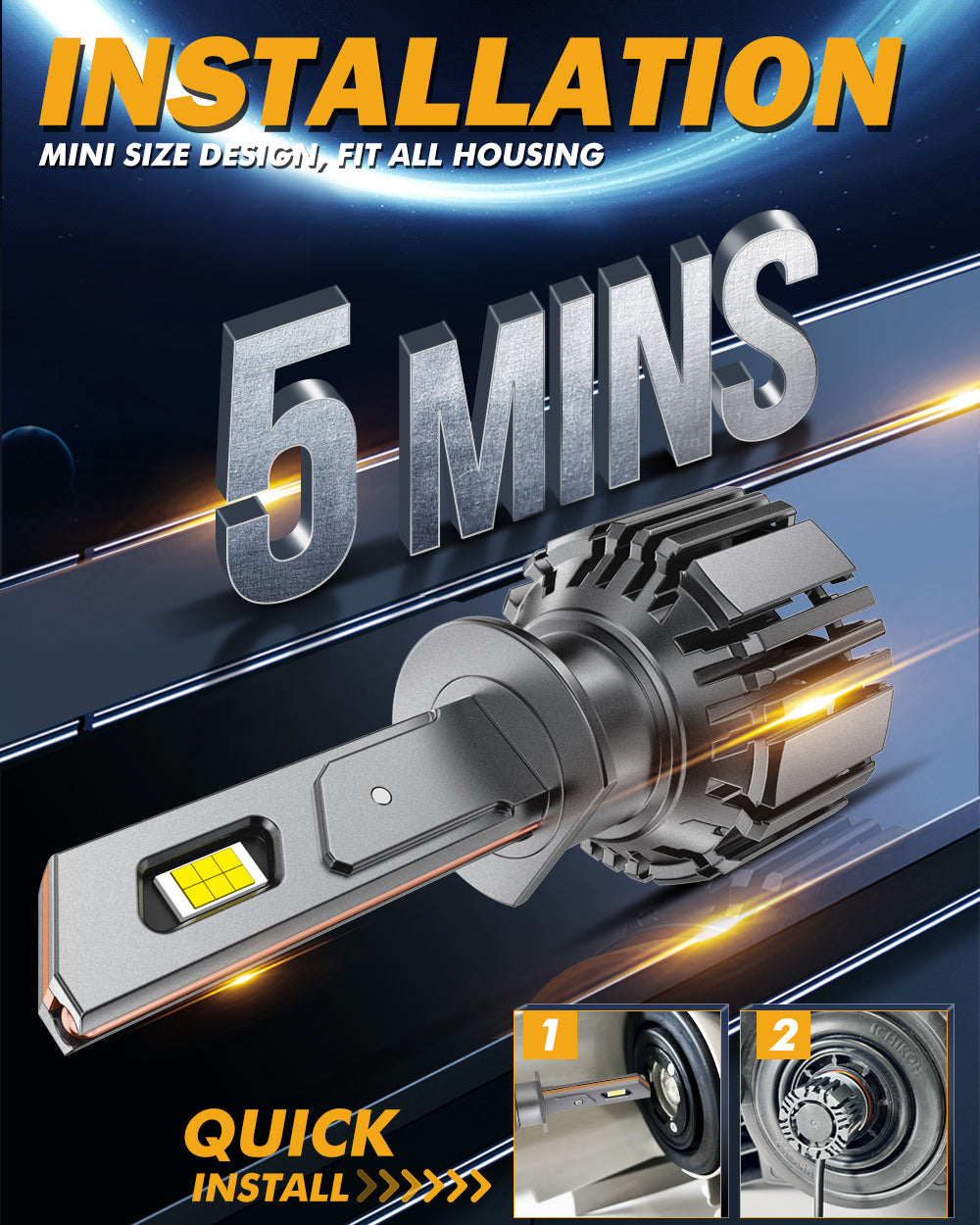 H1 LED Headlight Bulbs 90W 20000LM F15 Series 20% Smaller Size 6500K Cool White | 2 Bulbs