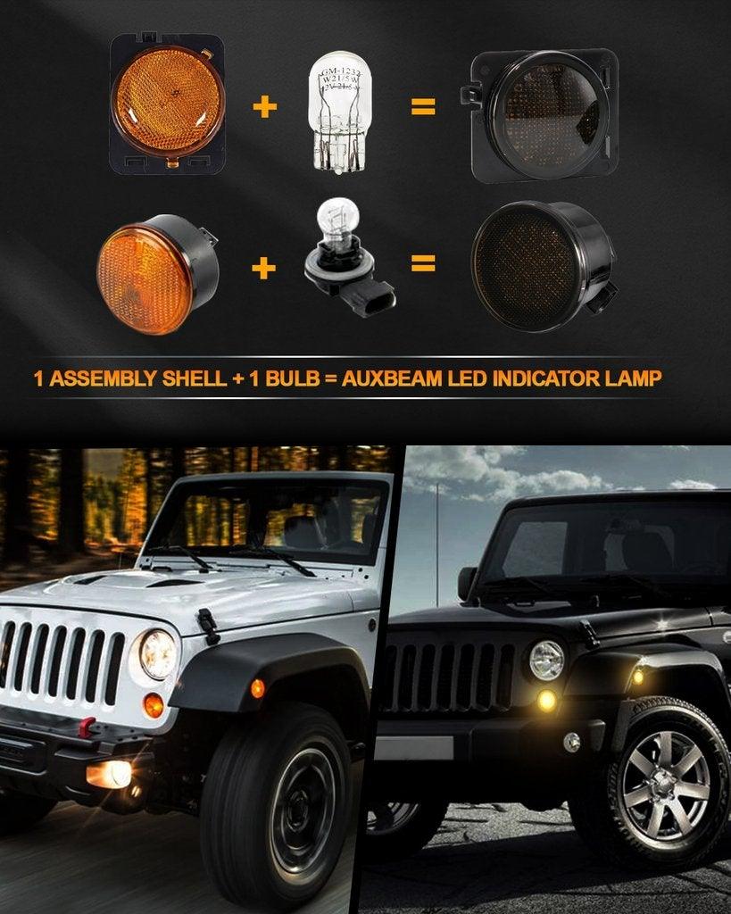 7" LED Headlight Replacement with Halo Ring + 4" LED Fog Light + Front Turn Signal & Fender Flares Side Marker Light for Jeep Wrangler JK