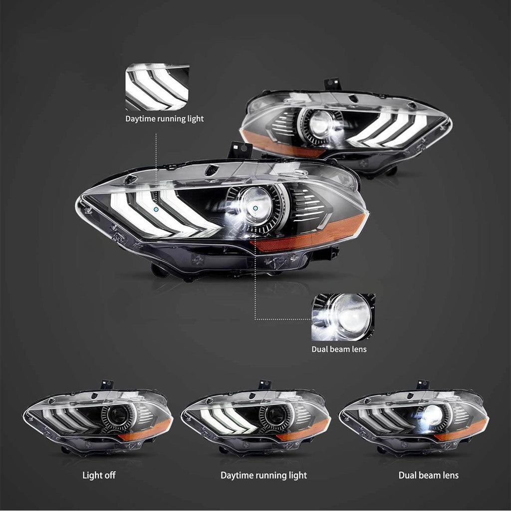 LED Headlight Assembly RGB Dual Beam Projector For 2018-up Ford Mustang 6th Gen Black