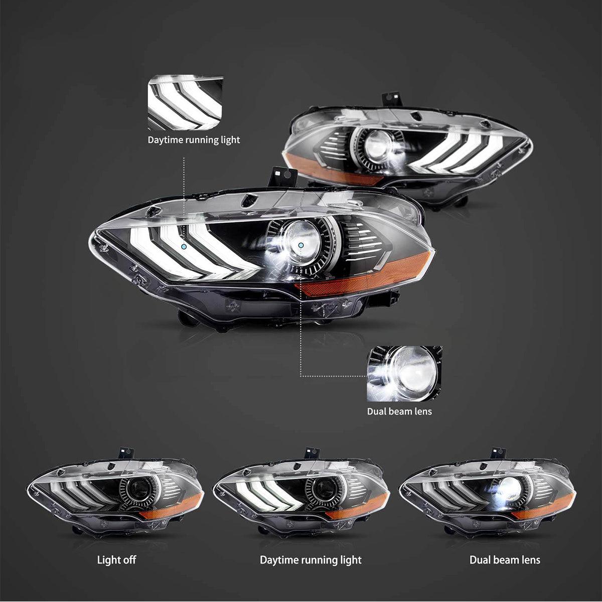 LED Headlight Assembly RGB Dual Beam Projector For 2018-up Ford Mustang 6th Gen Black