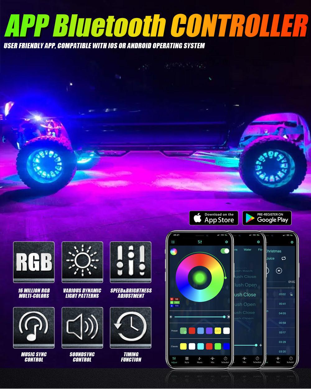 (4pcs/set) 15.5" RGB LED Wheel Ring Lights Magic Dream Color Neon Rim Light with APP & RF Remote Control