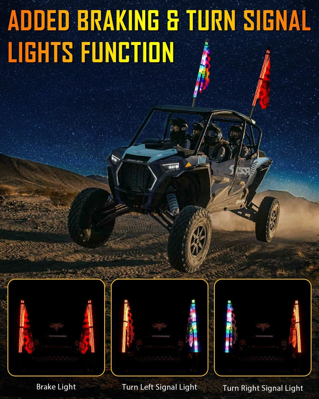 New 2.8FT LED RGB Whip Lights with Turn Signal & Brake Light, Bluetooth APP/ Remote Control