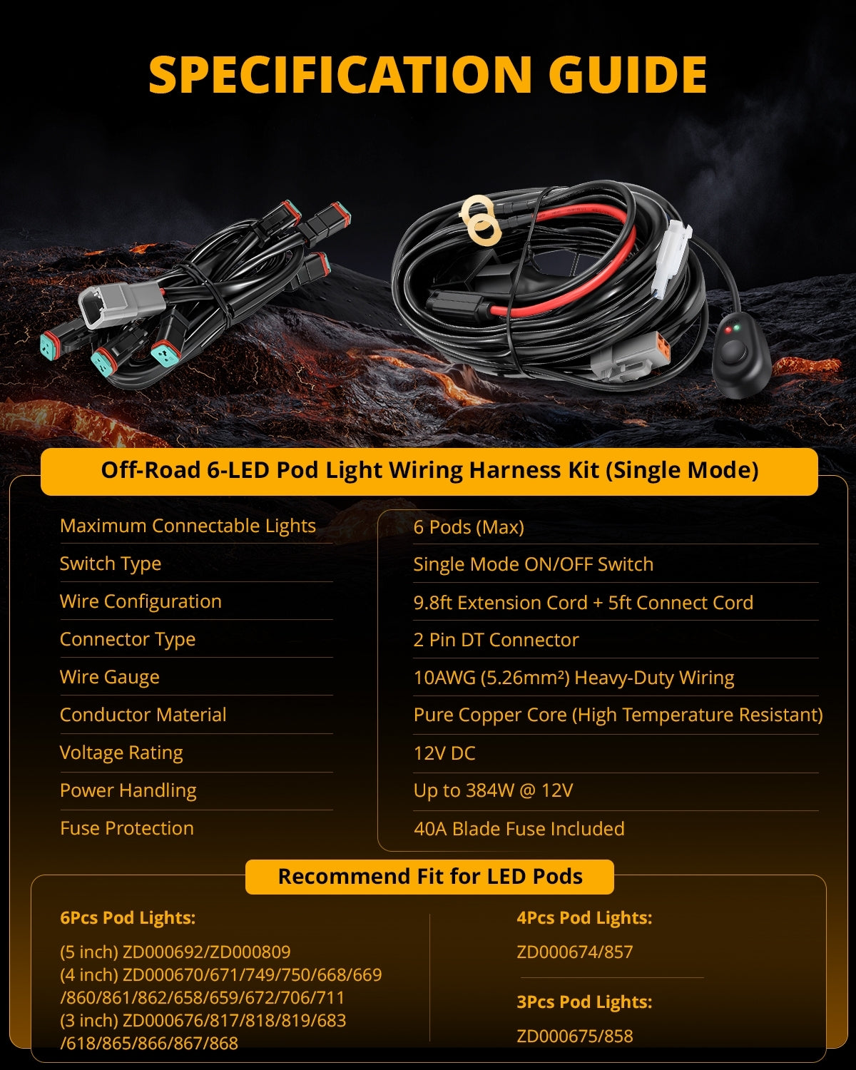 6-LED Pod Light Power Wiring Harness Kit with 2 PIN DT Plug