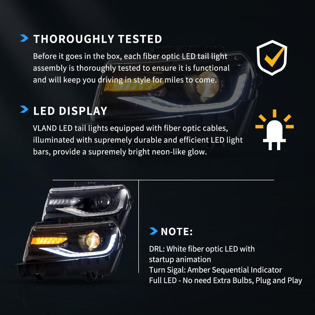 LED Headlight Assembly Dual Beam Projector Black For 2014-2015 Chevrolet Camaro