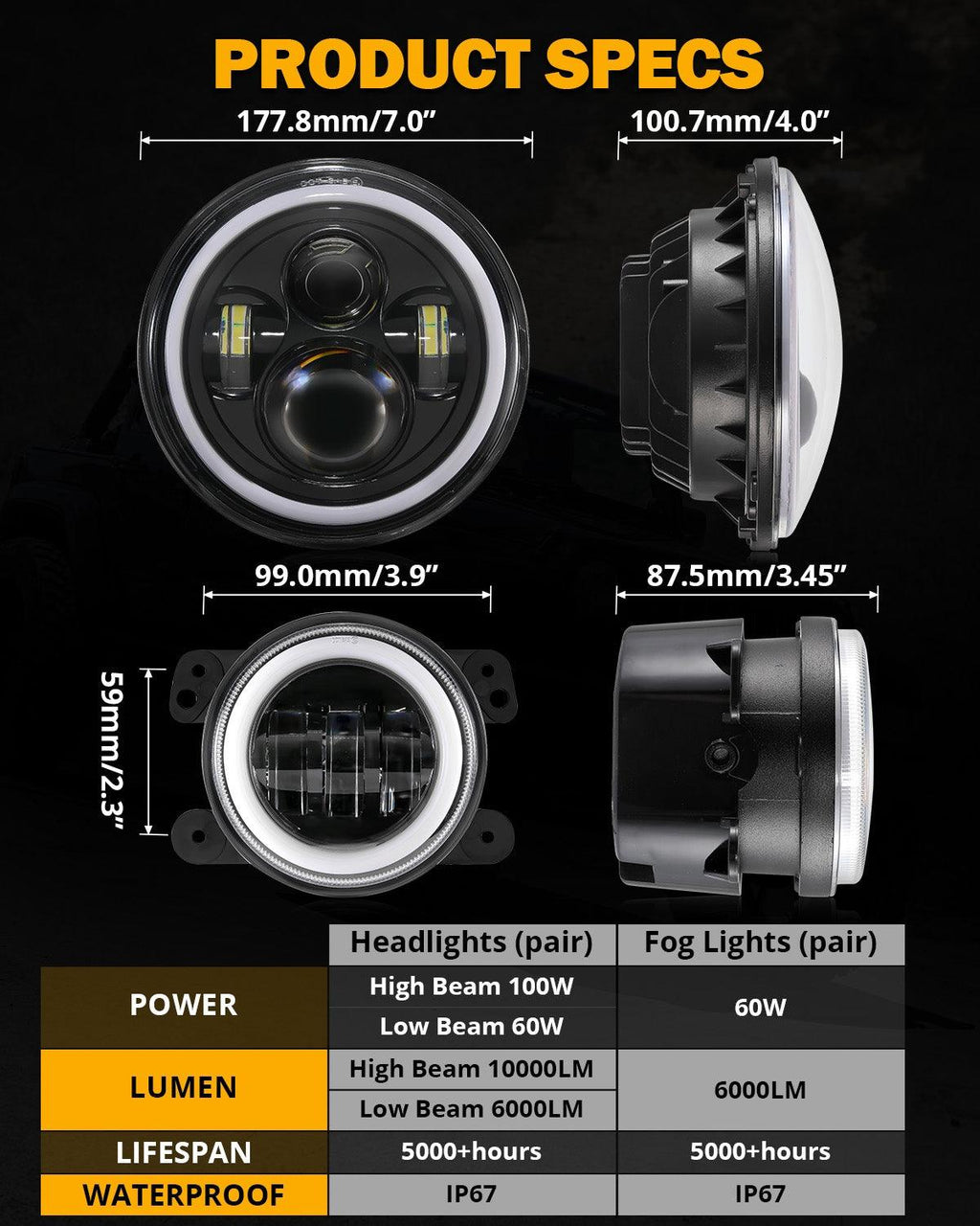 Upgraded RGB 7 Inch Headlights + 4 Inch Fog Lights Combo for Jeep Wrangler JK with APP Control