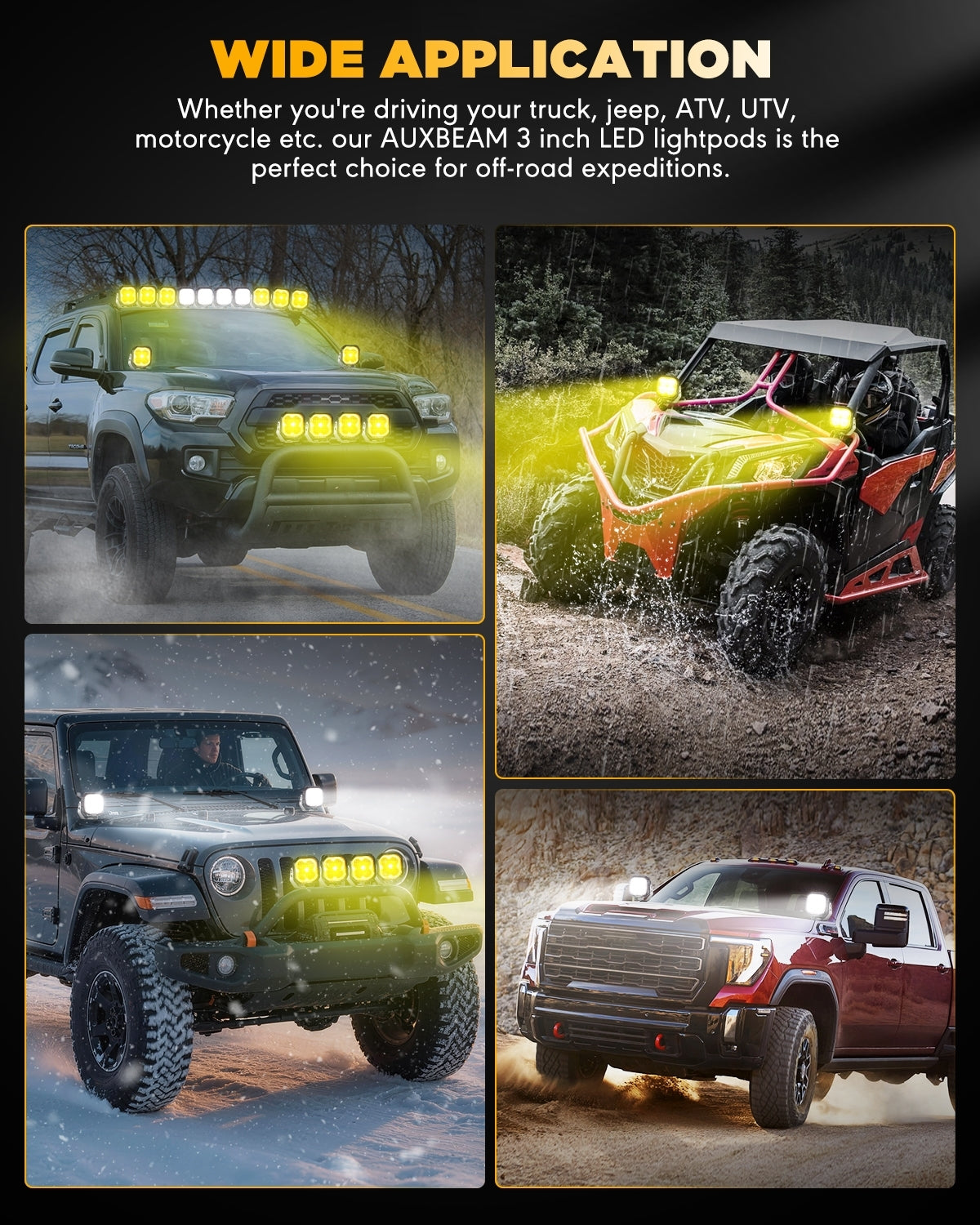 Color Play Series 3 Inch 100W Fog Lights Off Road Lights with White DRL & Amber Turn Signal Lights
