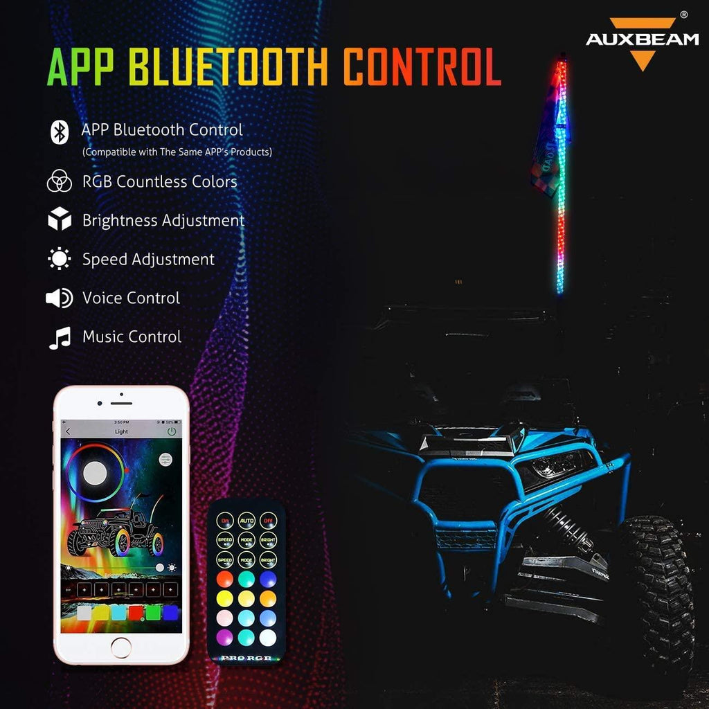 3FT/4FT LED RGB Whip Lights with Bluetooth/ Remote Controlled & Black Universal Flagpole Light Mount  for all UTVs with 1.75" to 2" Roll Cage