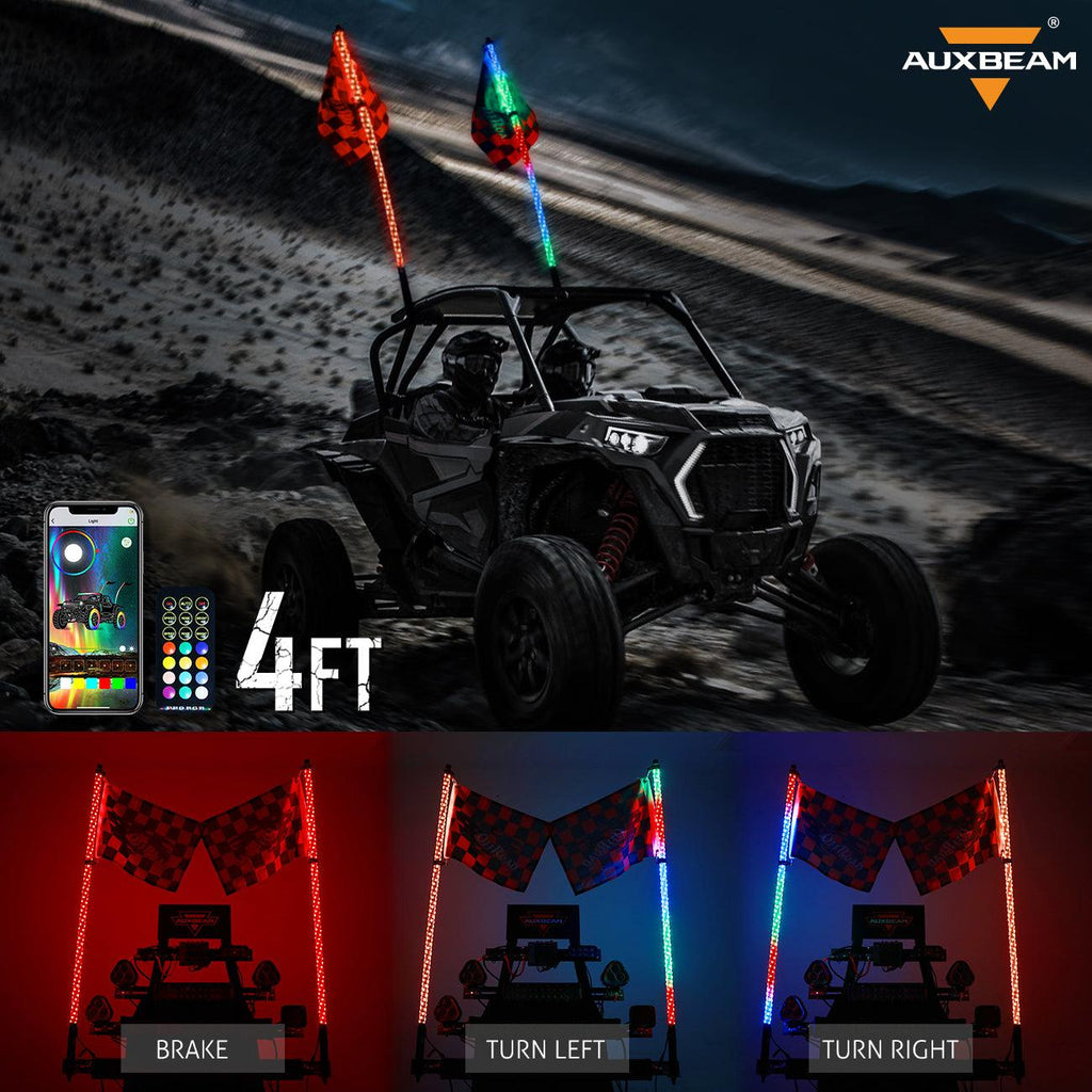 3FT/4FT LED RGB Whip Lights with Bluetooth/ Remote Controlled & Red Universal Flagpole Light Mount  for all UTVs with 1.75" to 2" Roll Cage