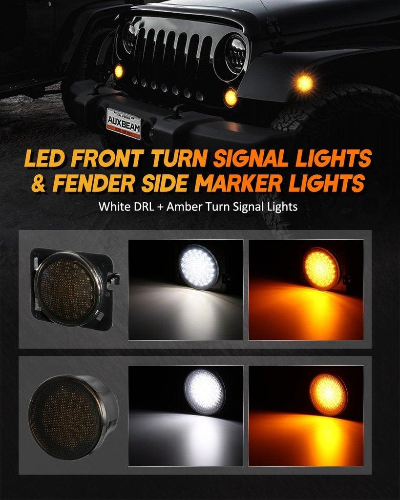 7" LED Headlight Replacement with Halo Ring + 4" LED Fog Light + Front Turn Signal & Fender Flares Side Marker Light for Jeep Wrangler JK