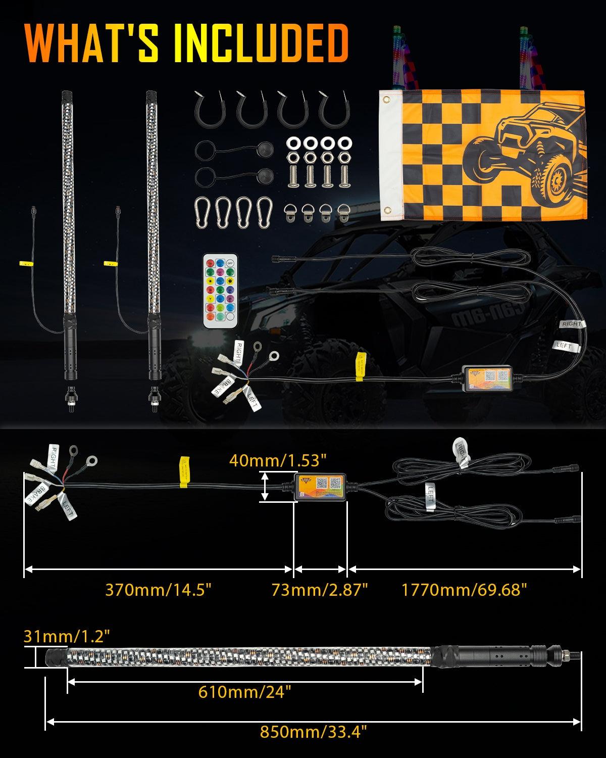 New LED RGB Whip Lights with Turn Signal & Brake Light, Bluetooth APP/ Remote Control