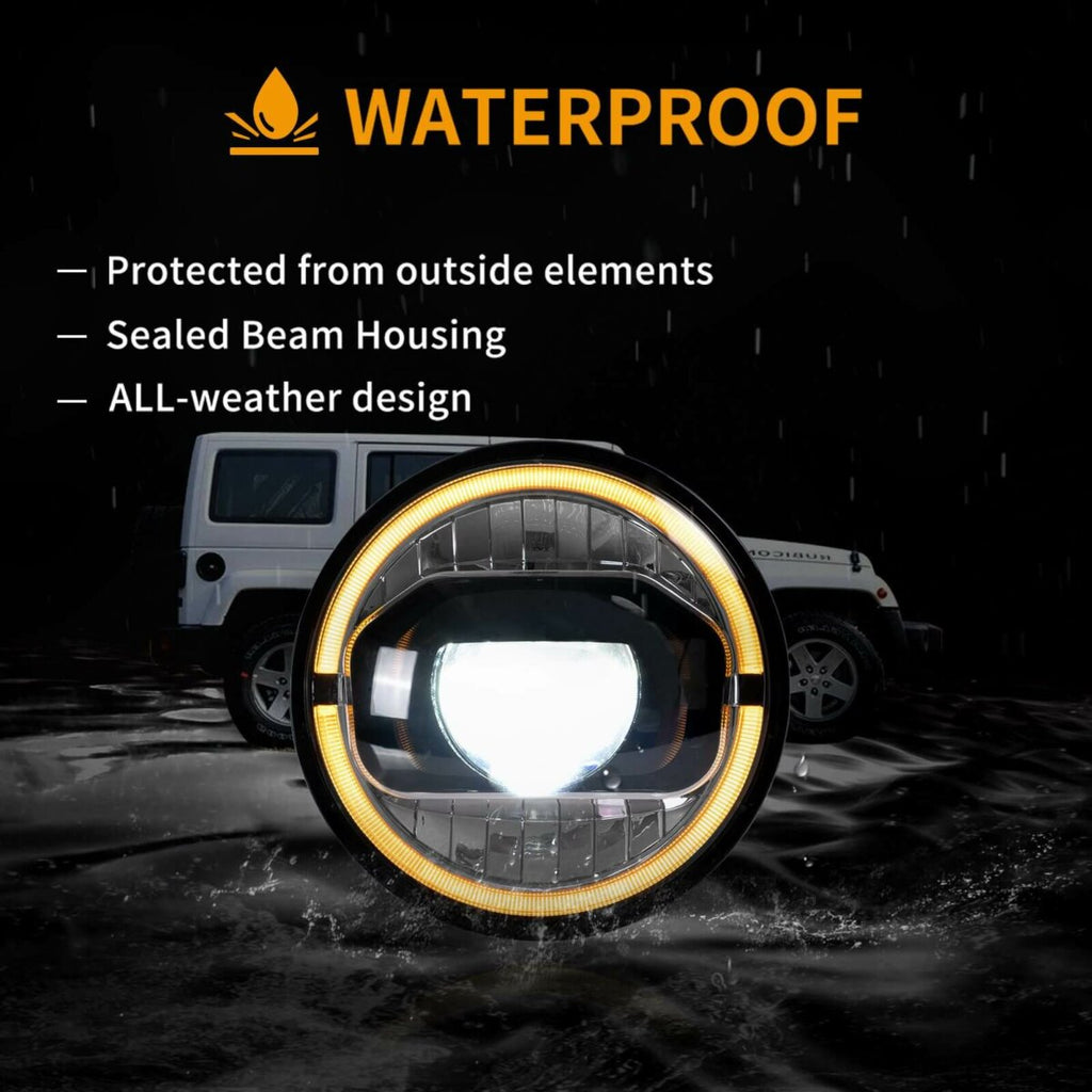 LED Headlight Assembly With Amber Turn Signal For 2007-2017 Jeep Wrangler JK 7 Inches LED Dual Beam Projector