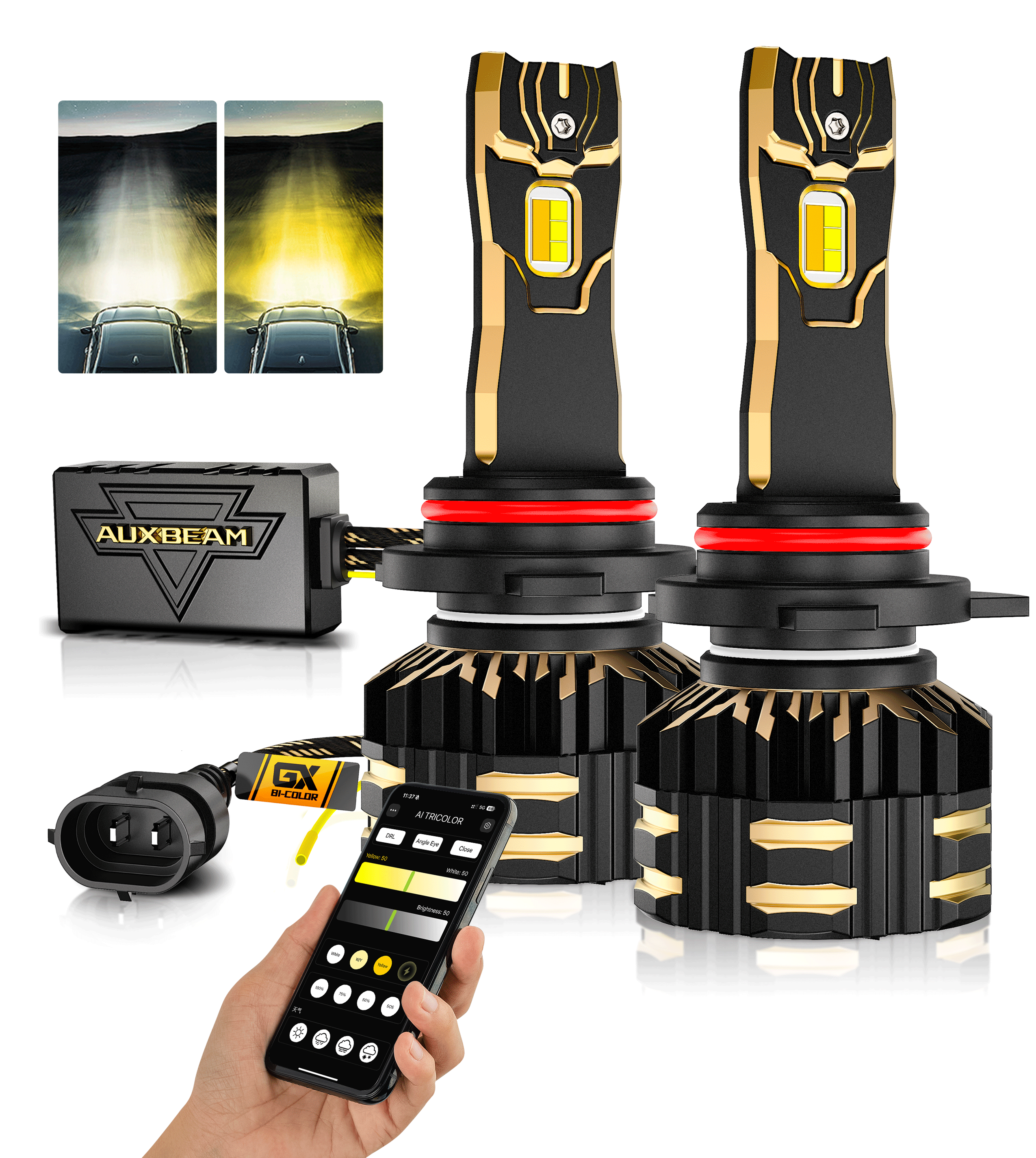 🆕9012/HIR2 LED Headlight Bulbs 110W 25000LM GX Bi-Color Smart Series, with App Control Via Bluetooth & Dual Color Switchback | 2 Bulbs
