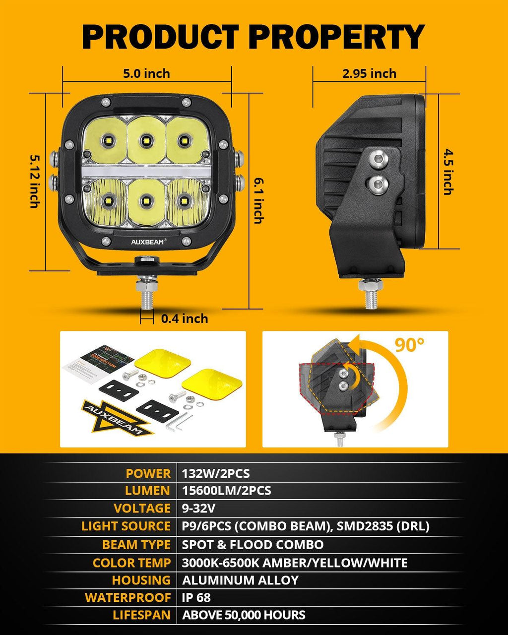 XP-ULTRA Series 5 Inch 132W 15600LM White/Amber LED Pods Driving Light with Amber DRL