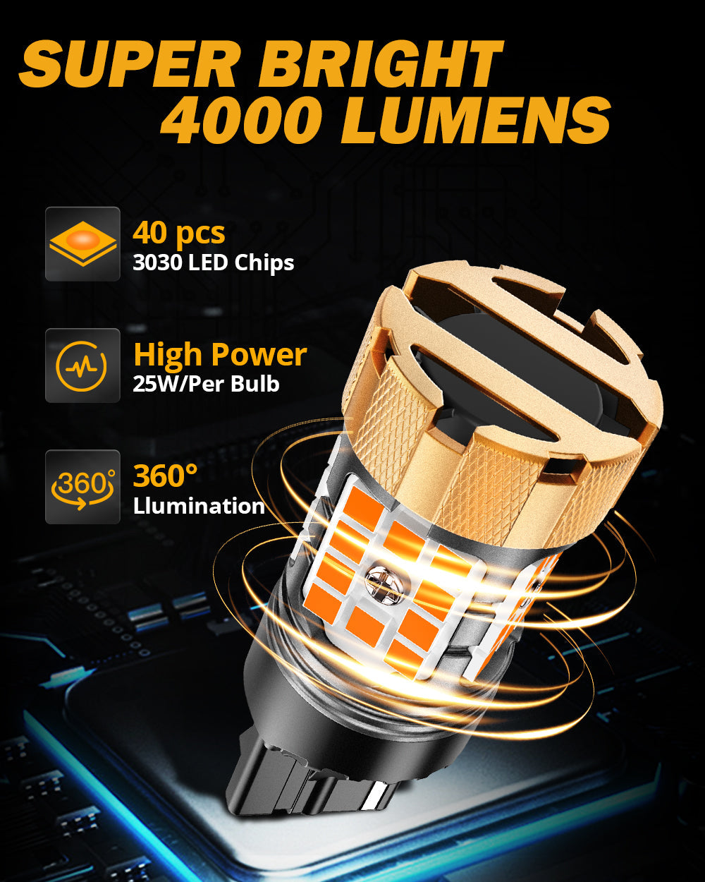 🆕7440 7440A LED Turn Signal Light Rear/Front, Side Marker Light Bulbs 50W 4000LM CAN-Bus Error Free 3000K Amber B21-PRO Series |2 Bulbs