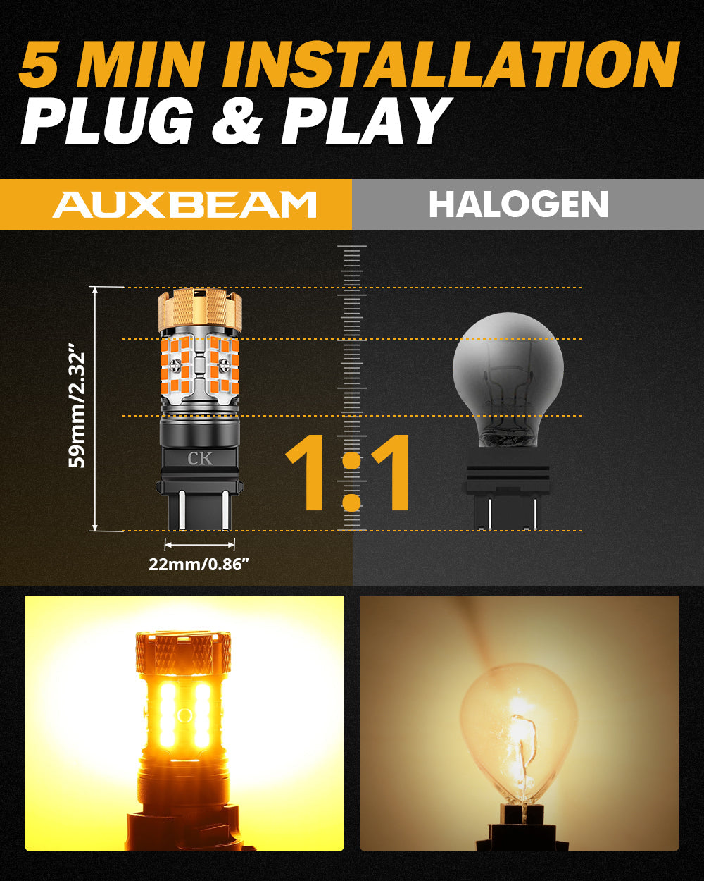 🆕3157 US-CK LED Turn Signal Light Rear/Front, Side Maker Light Bulbs 50W 4000LM CAN-Bus Error Free 3000K Amber B21-PRO Series |2 Bulbs