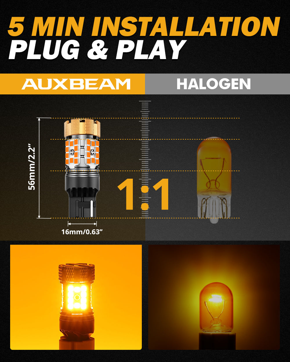 🆕7440 7440A LED Turn Signal Light Rear/Front, Side Marker Light Bulbs 50W 4000LM CAN-Bus Error Free 3000K Amber B21-PRO Series |2 Bulbs