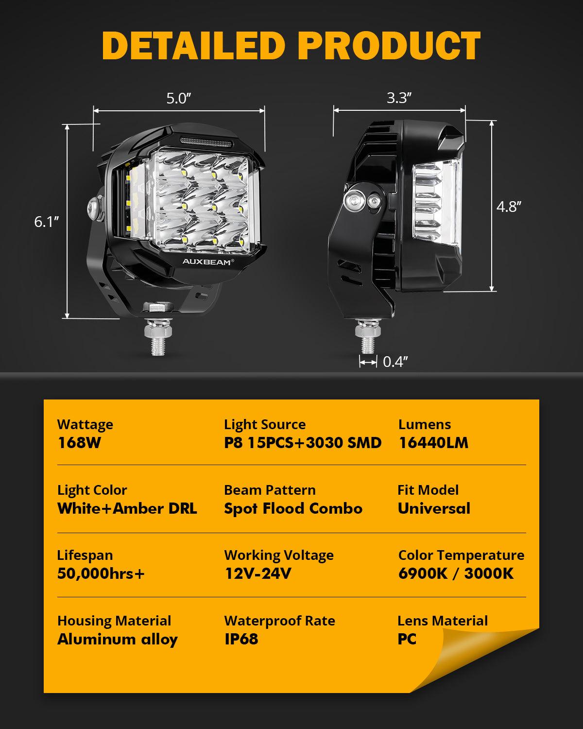 V-MAX Series 4/5/7 Inch Spot Beam Side Shooter LED Pod Lights with Amber DRL