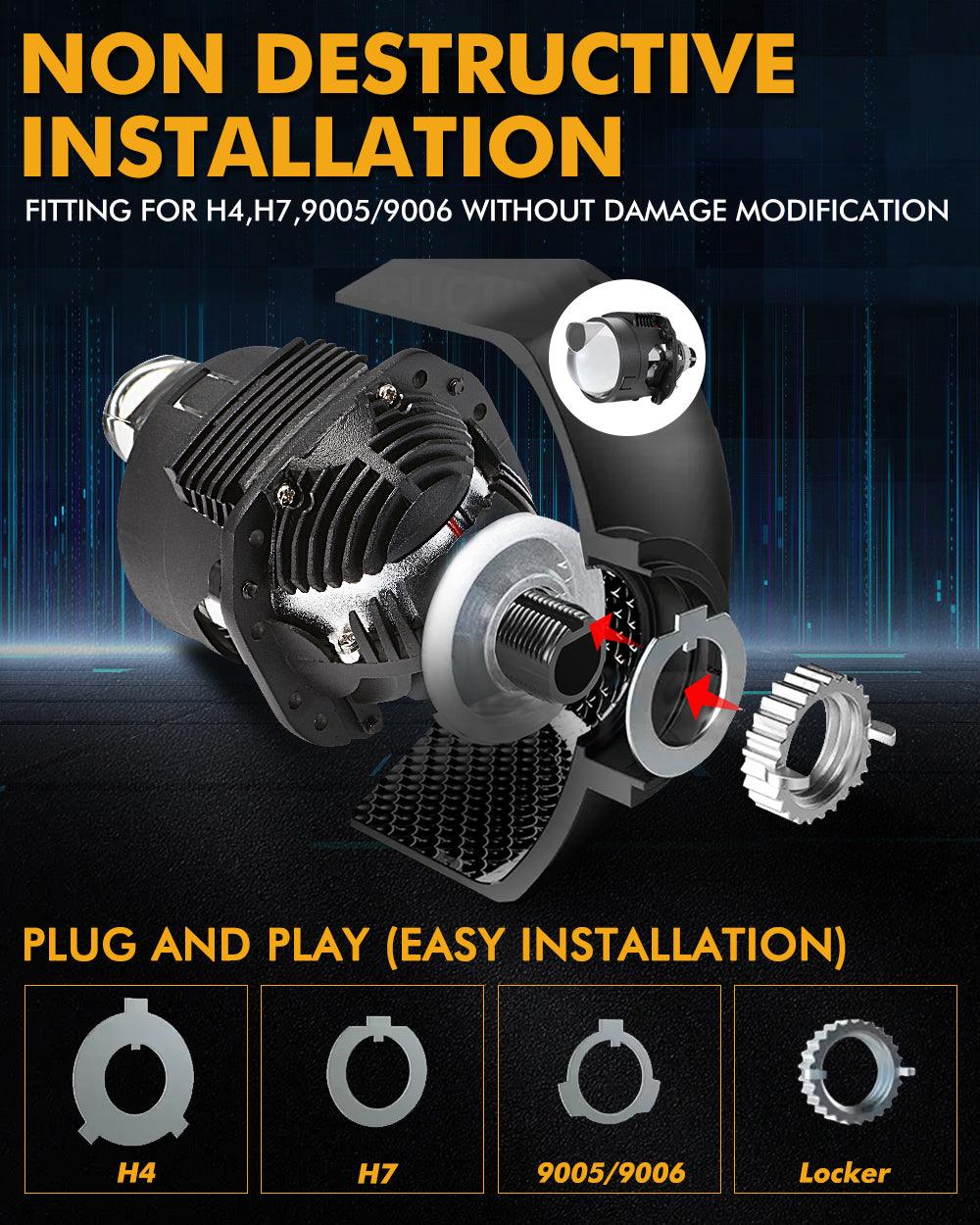 2.5 Inch 90W 70W Hi/Lo Beam Bi-LED Laser Projector Lens Headlight S8 Series Non-Destructive Installation Projector Lens for Car | 2PCS/Set