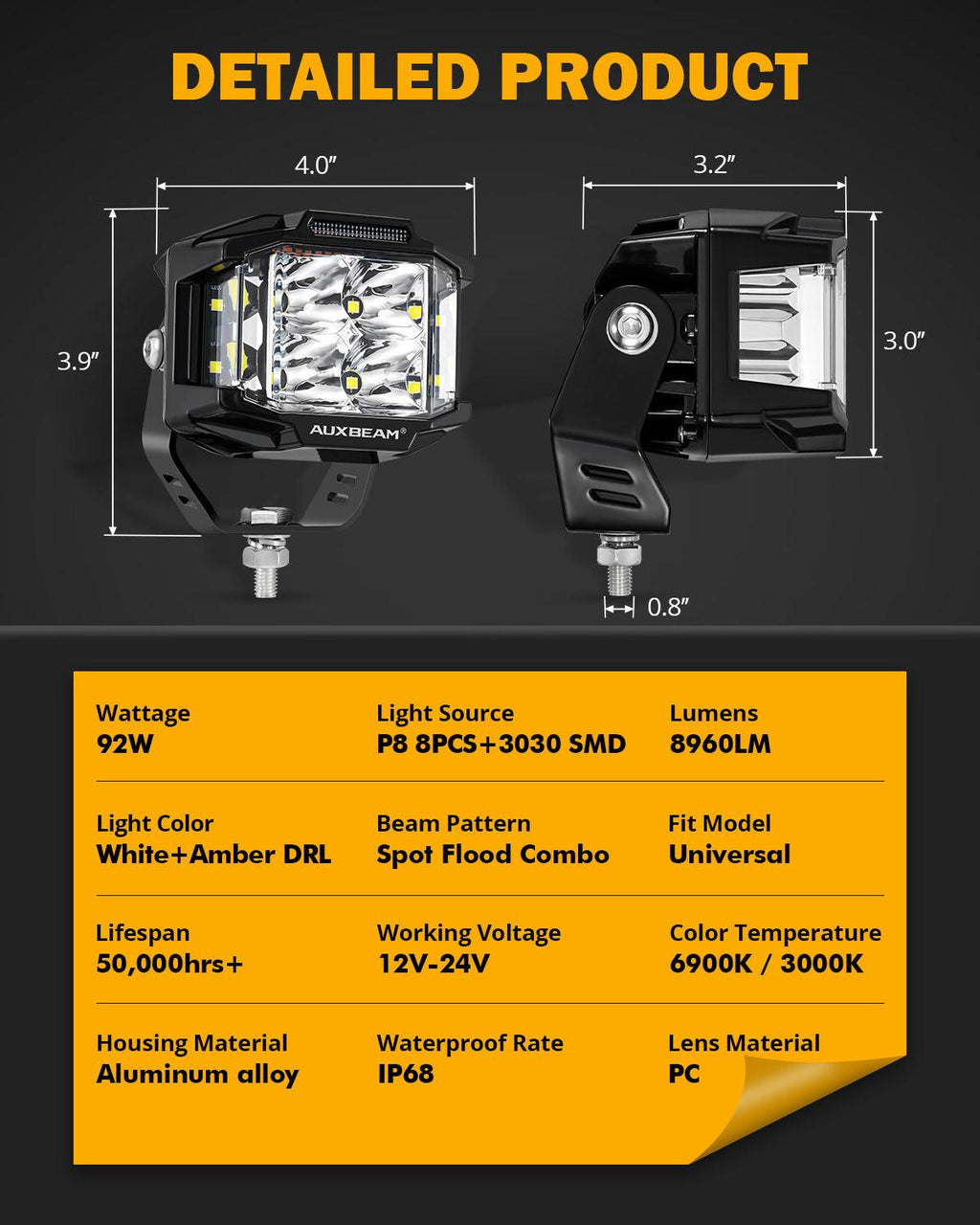 V-MAX Series 4/5/7 Inch Spot Beam Side Shooter LED Pod Lights with Amber DRL