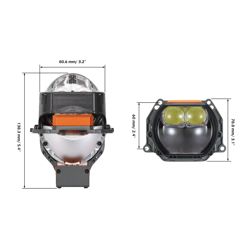 🆕3 Inch 144W 6000K Hyperboloid Bi-LED Projector Lens Headlight with Square Spot Auxiliary High Beam K9 Series, Retrofit Cutting Installation for Car | 2PCS/Set