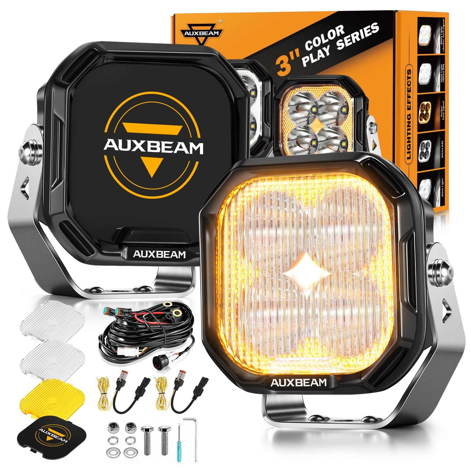 Color Play Series 3 Inch 100W Fog Lights Off Road Lights with White DRL & Amber Turn Signal Lights