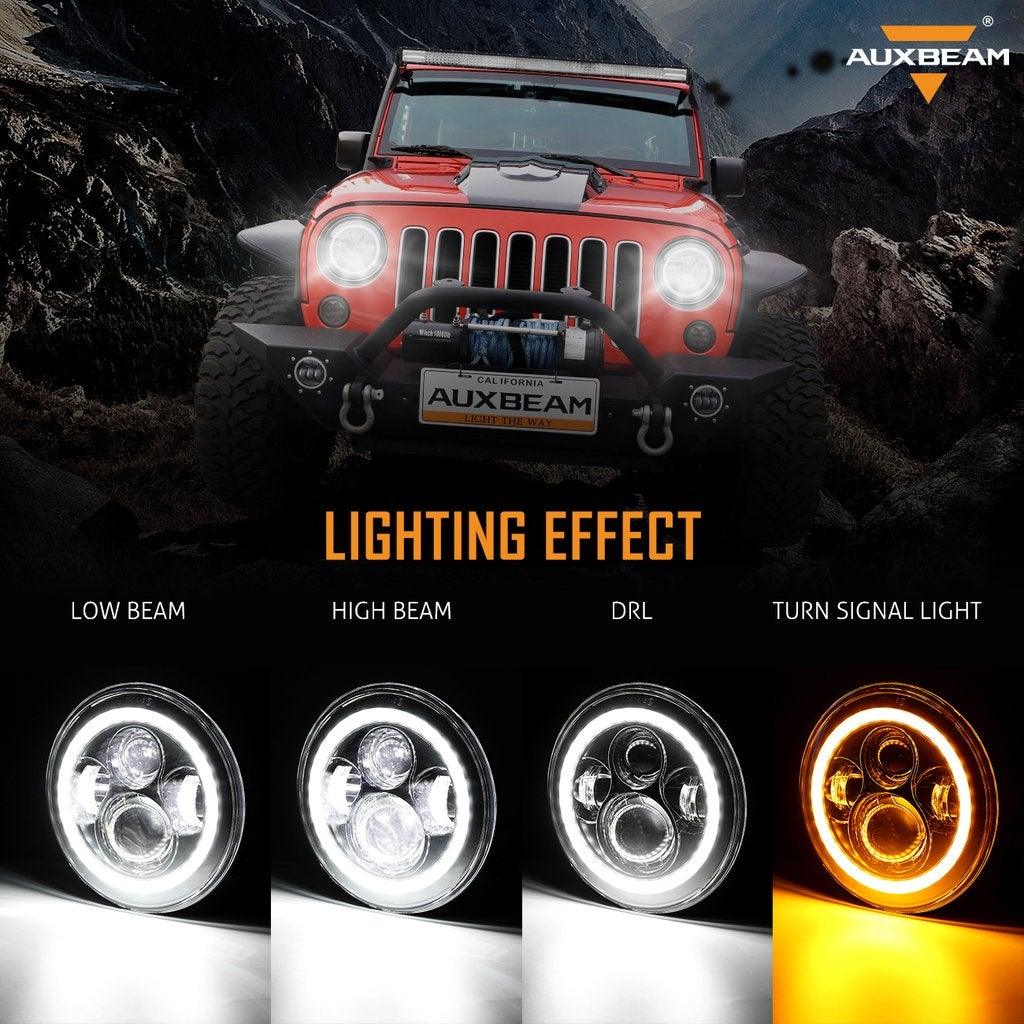 7" LED Headlight Replacement with Halo Ring + 4" LED Fog Light + Front Turn Signal & Fender Flares Side Marker Light for Jeep Wrangler JK