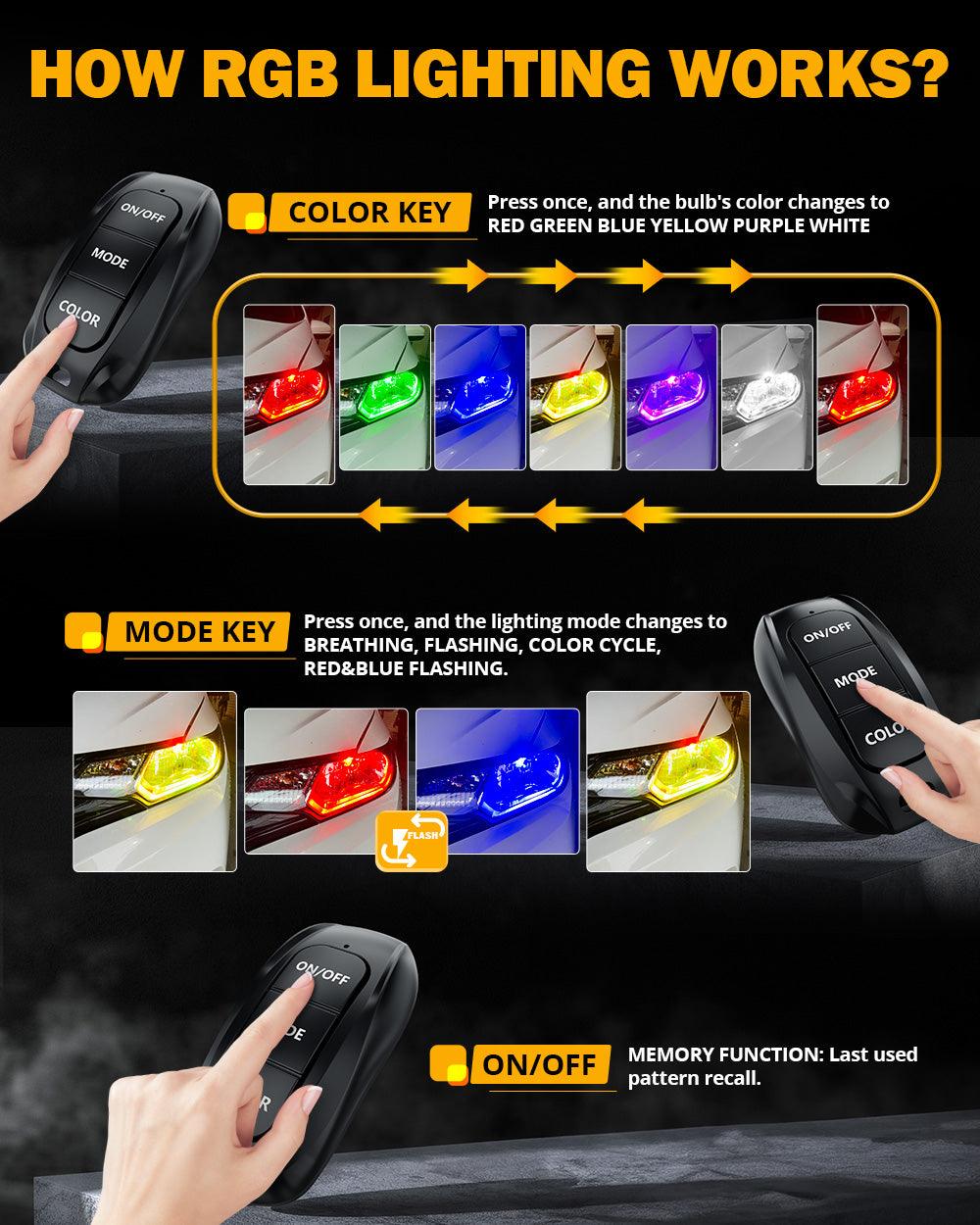 🆕H4/9003 RGB LED Headlight Bulbs/DRL/Fog Light R7 Series 70W 25000LM 6500K Cool White + RGB Remote Control | 2 Bulbs