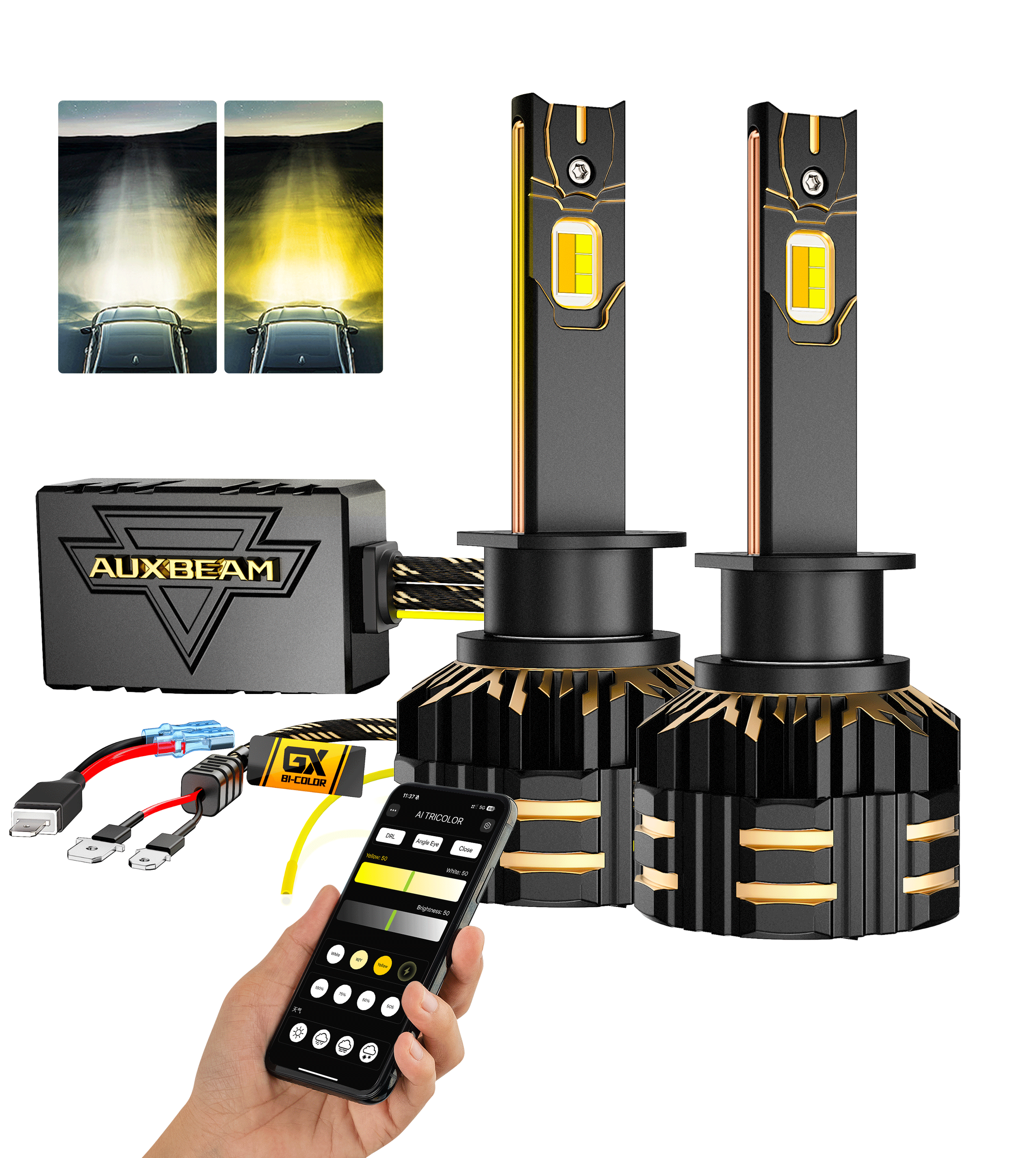 🆕H1 LED Bulb Fog Light/Low Beam Lighs 110W 25000LM GX Bi-Color Smart Series, with App Control Via Bluetooth & Dual Color Switchback | 2 Bulbs