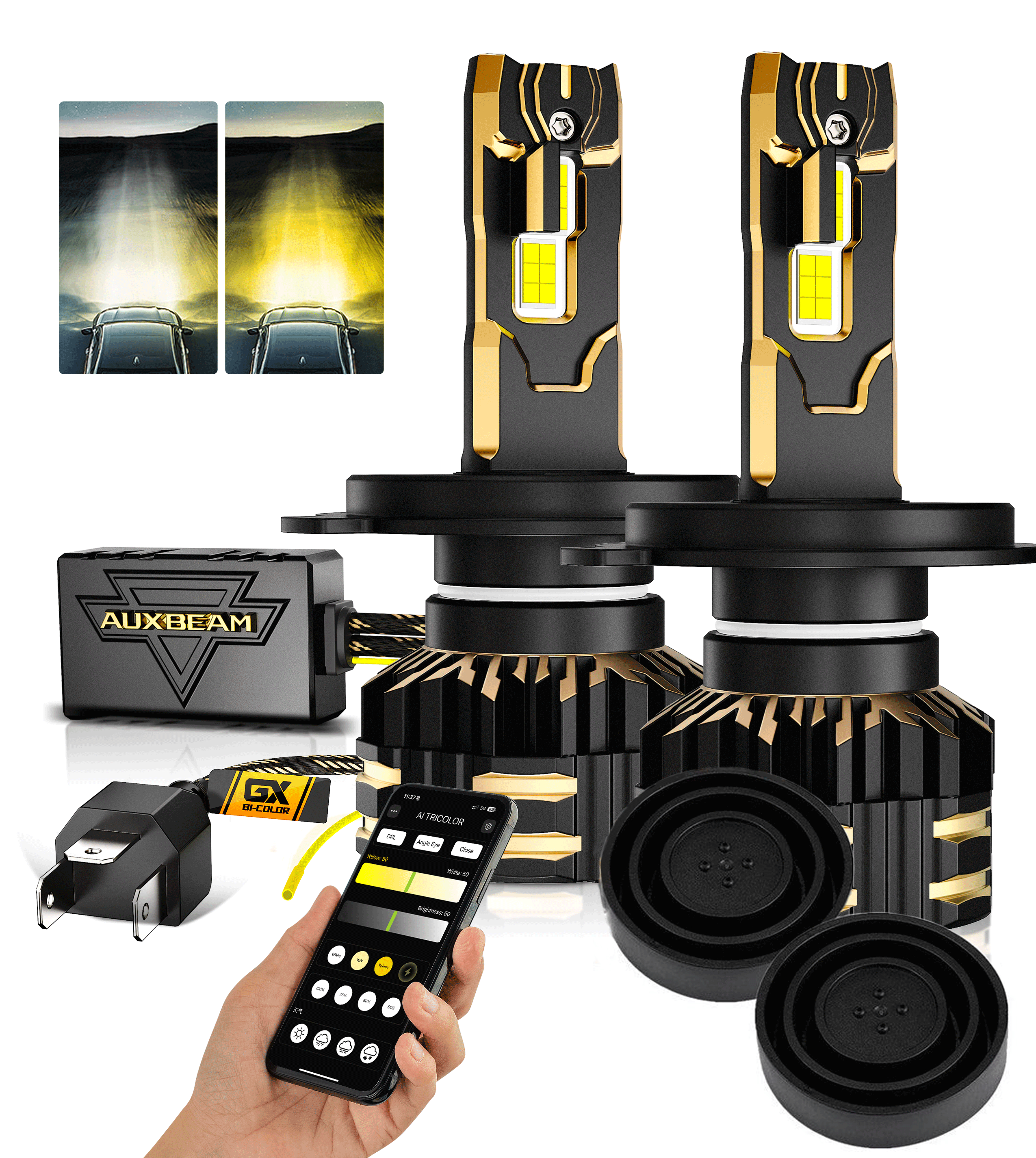 🆕H4 LED Headlight Bulbs 110W 25000LM GX Bi-Color Smart Series, with App Control Via Bluetooth & Dual Color Switchback | 2 Bulbs