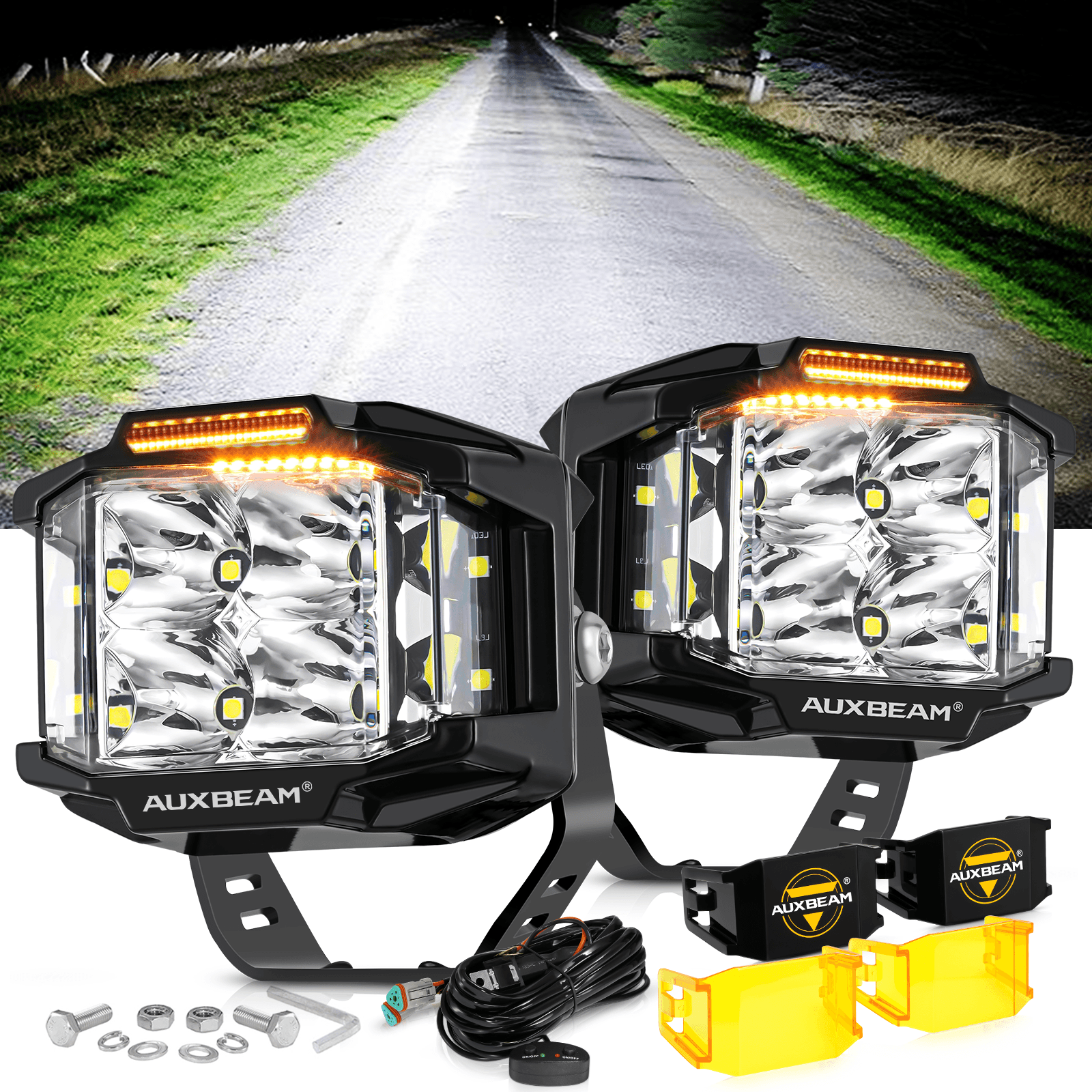 V-MAX Series | 4 Inch 92W 8960LM Spot Beam Side Shooter LED Square Pod Lights with Amber DRL