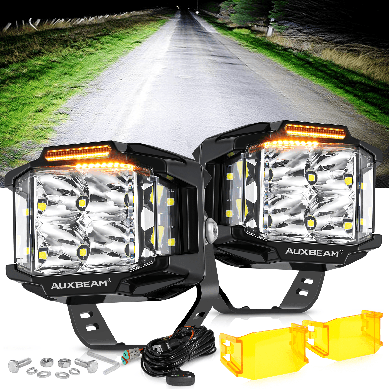 V-MAX Series | 4 Inch 92W 8960LM Spot Beam Side Shooter LED Square Pod Lights with Amber DRL