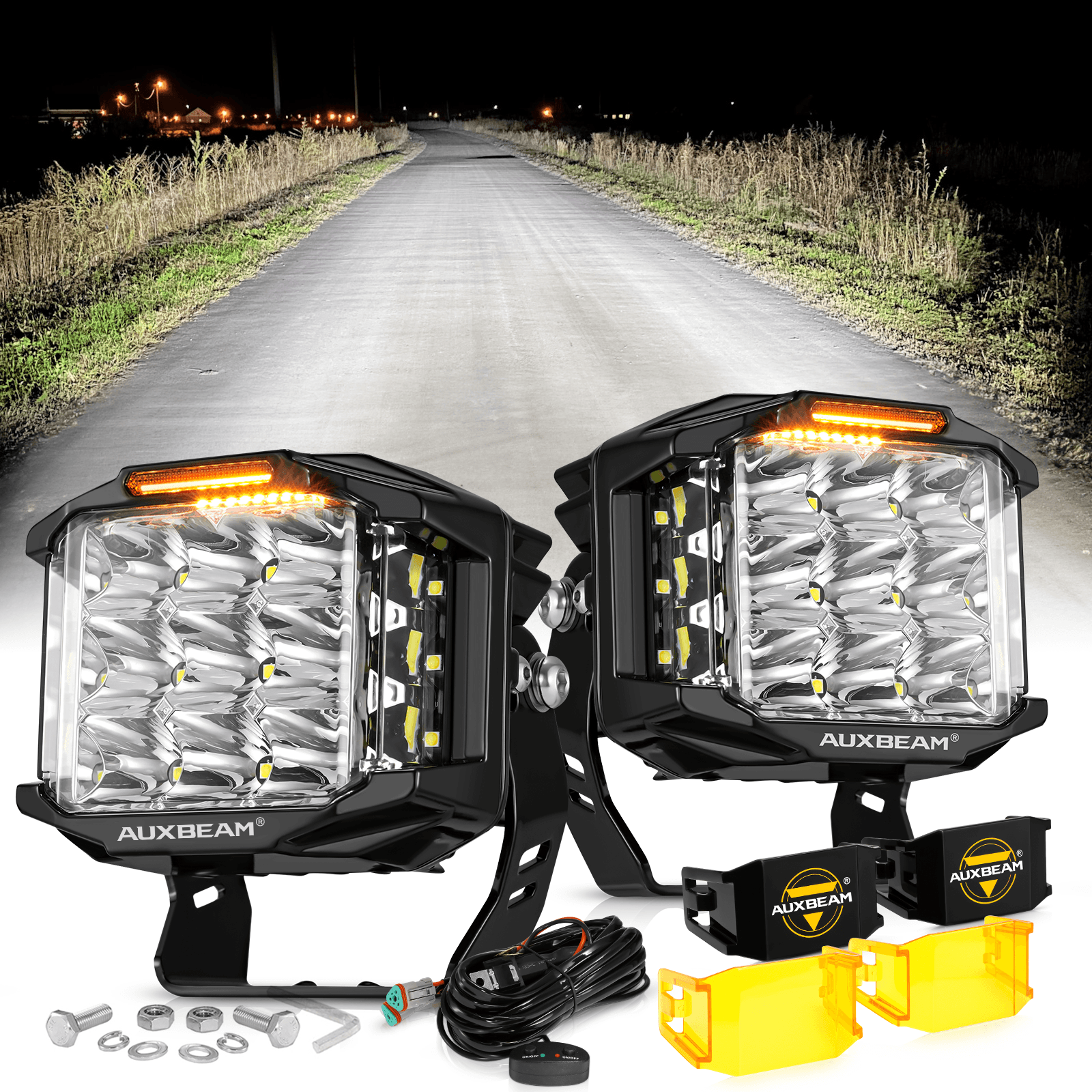 V-MAX Series | 5 Inch 168W 16440LM Spot Beam Side Shooter LED Square Pod Lights with Amber DRL