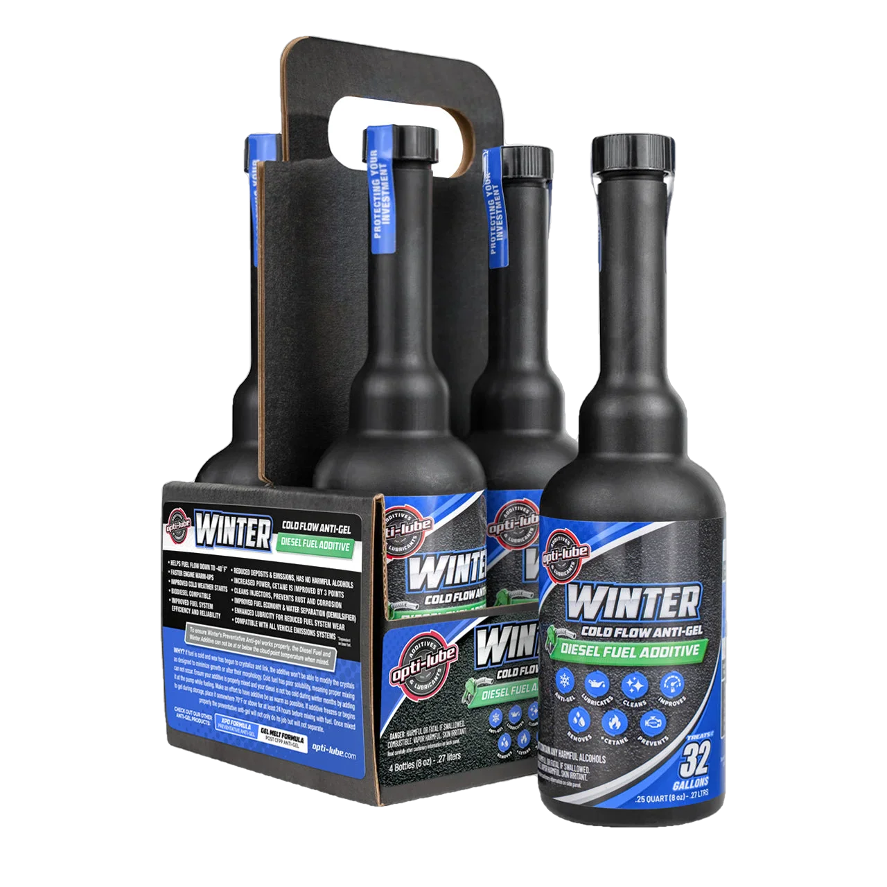 Opti-Lube Winter Anti-gel Diesel Fuel Additive: 8oz 4 Pack of Long Neck Bottles, Treats Up To 32 Gallons Per 8oz Bottle