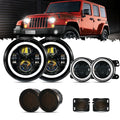 7" LED Headlight Replacement with Halo Ring + 4" LED Fog Light + Front Turn Signal & Fender Flares Side Marker Light for Jeep Wrangler JK