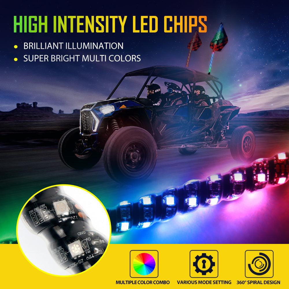 3FT/4FT LED RGB Whip Lights with Bluetooth/ Remote Controlled & Black Universal Flagpole Light Mount  for all UTVs with 1.75" to 2" Roll Cage