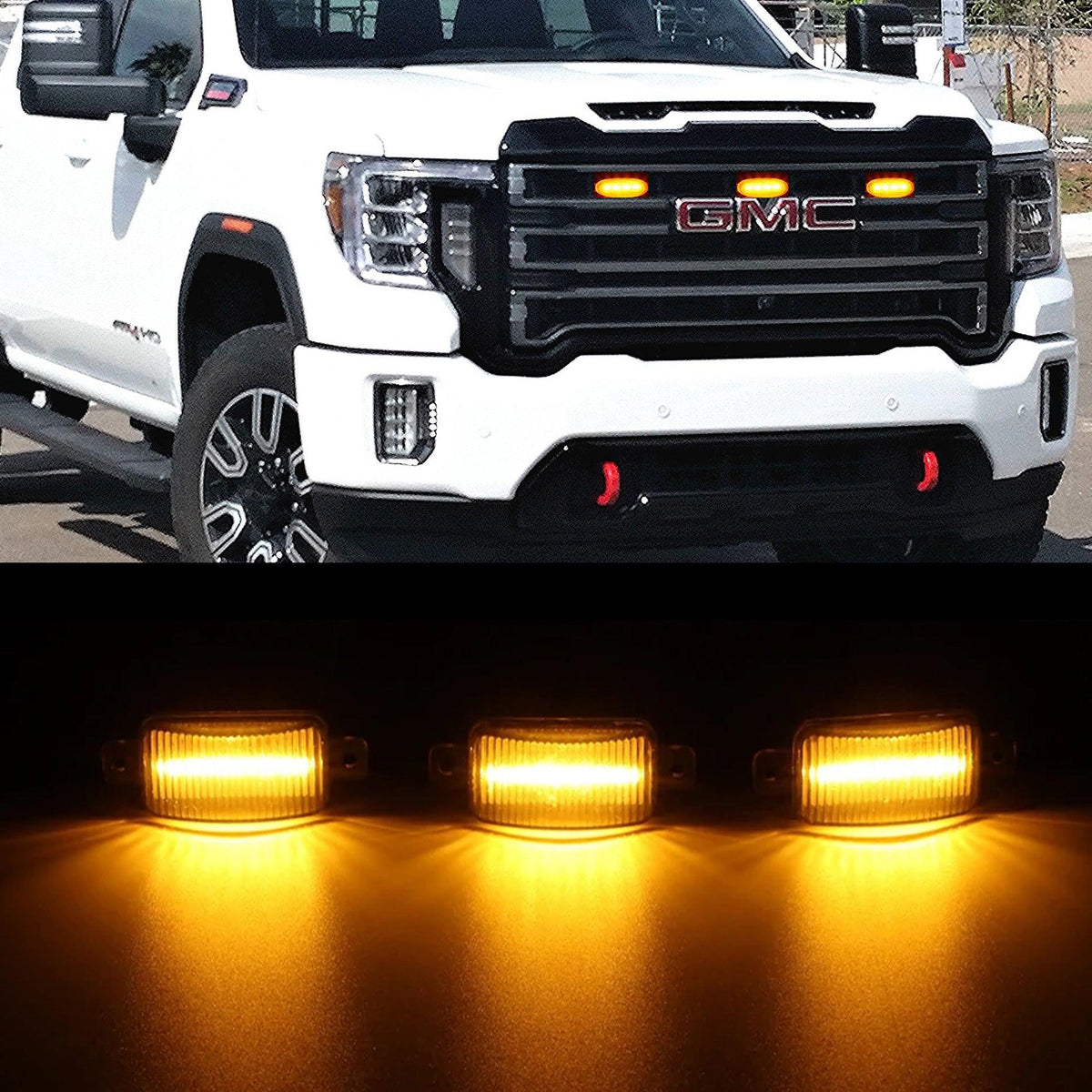 (3pcs/set)  LED Front Grille Lights Raptor Style Amber Light Fit for GMC Sierra 2500 HD 2016-2021 (Amber shell/ Smoked shell）