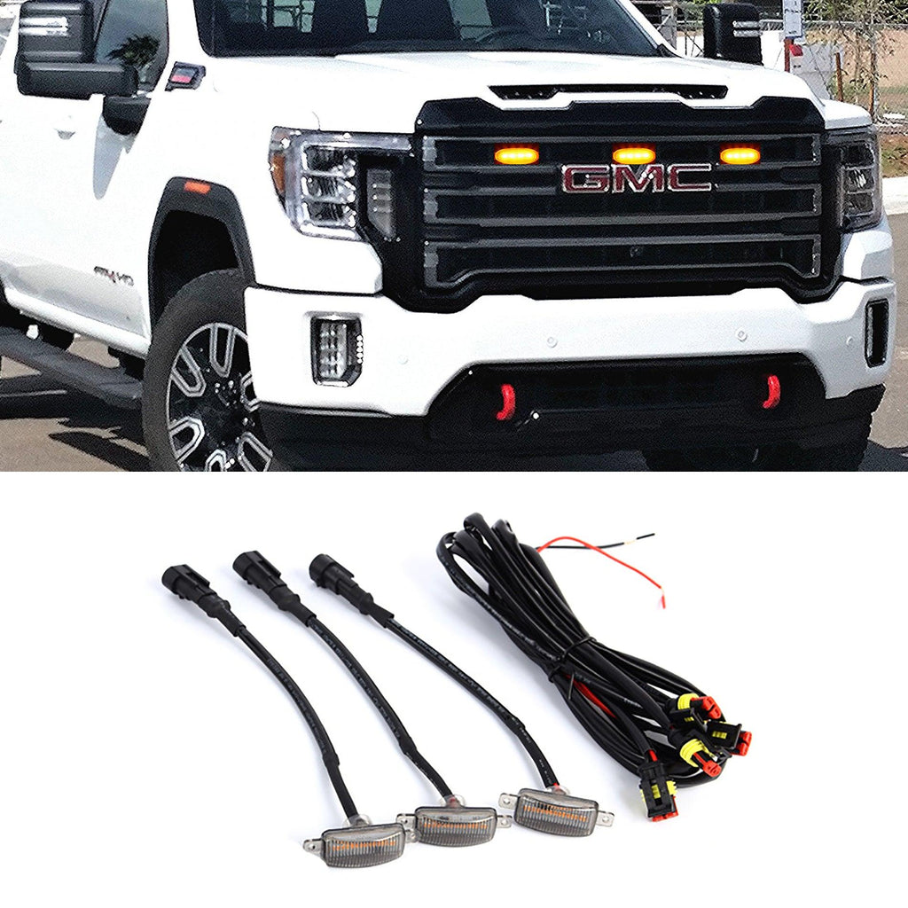 (3pcs/set)  LED Front Grille Lights Raptor Style Amber Light Fit for GMC Sierra 2500 HD 2016-2021 (Amber shell/ Smoked shell）