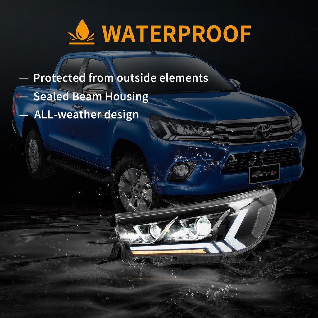 LED Headlight Assembly 2nd Dual Beam Projector Black For 2015-2020 Toyota Hilux SR5 8th Gens (GUN125, GUN126R) Pre-Facelift