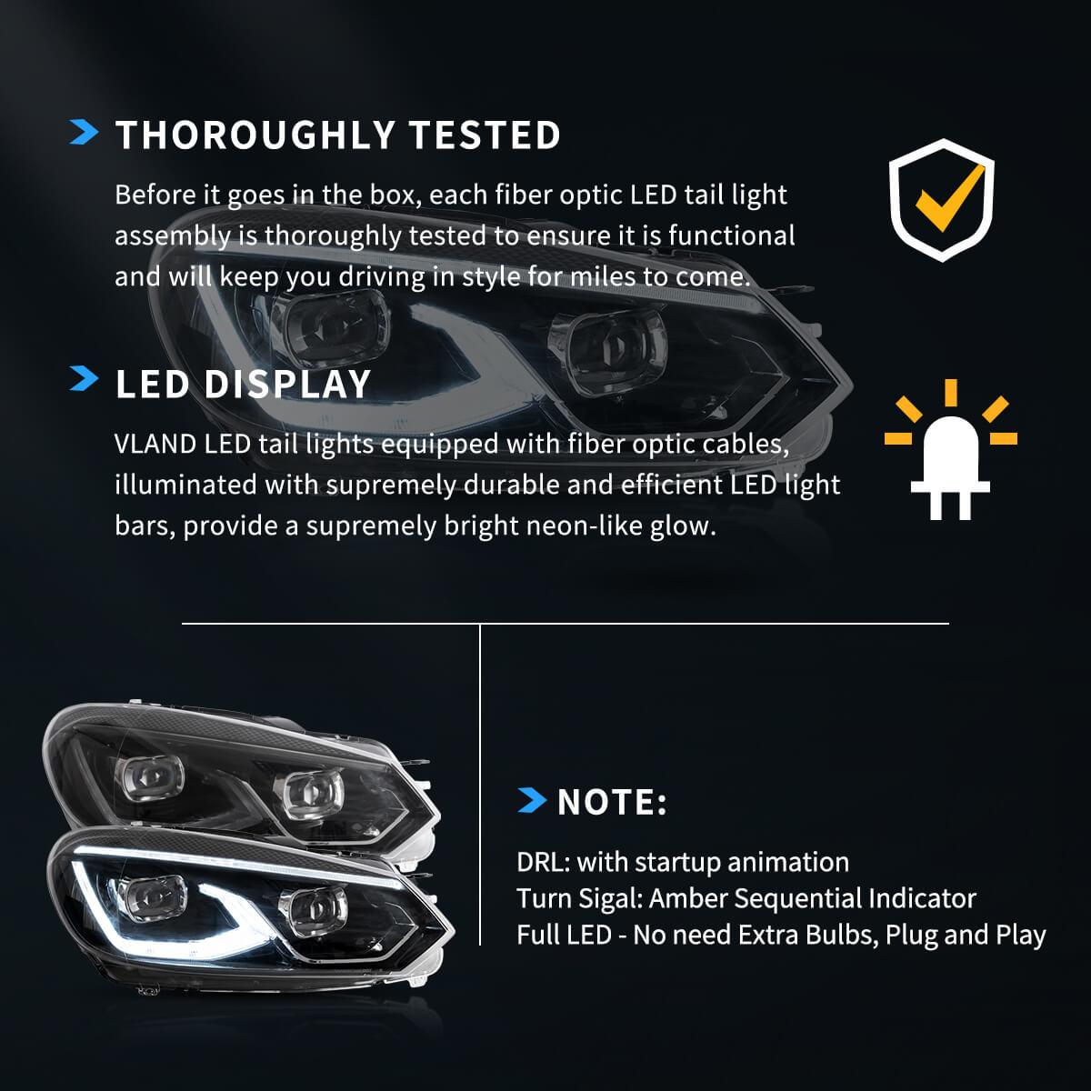 LED Headlight Assembly Dual Beam Projector Black For 2008-2014 Volkswagen Golf 6th Gen (Mk6/A6 Typ 5K）